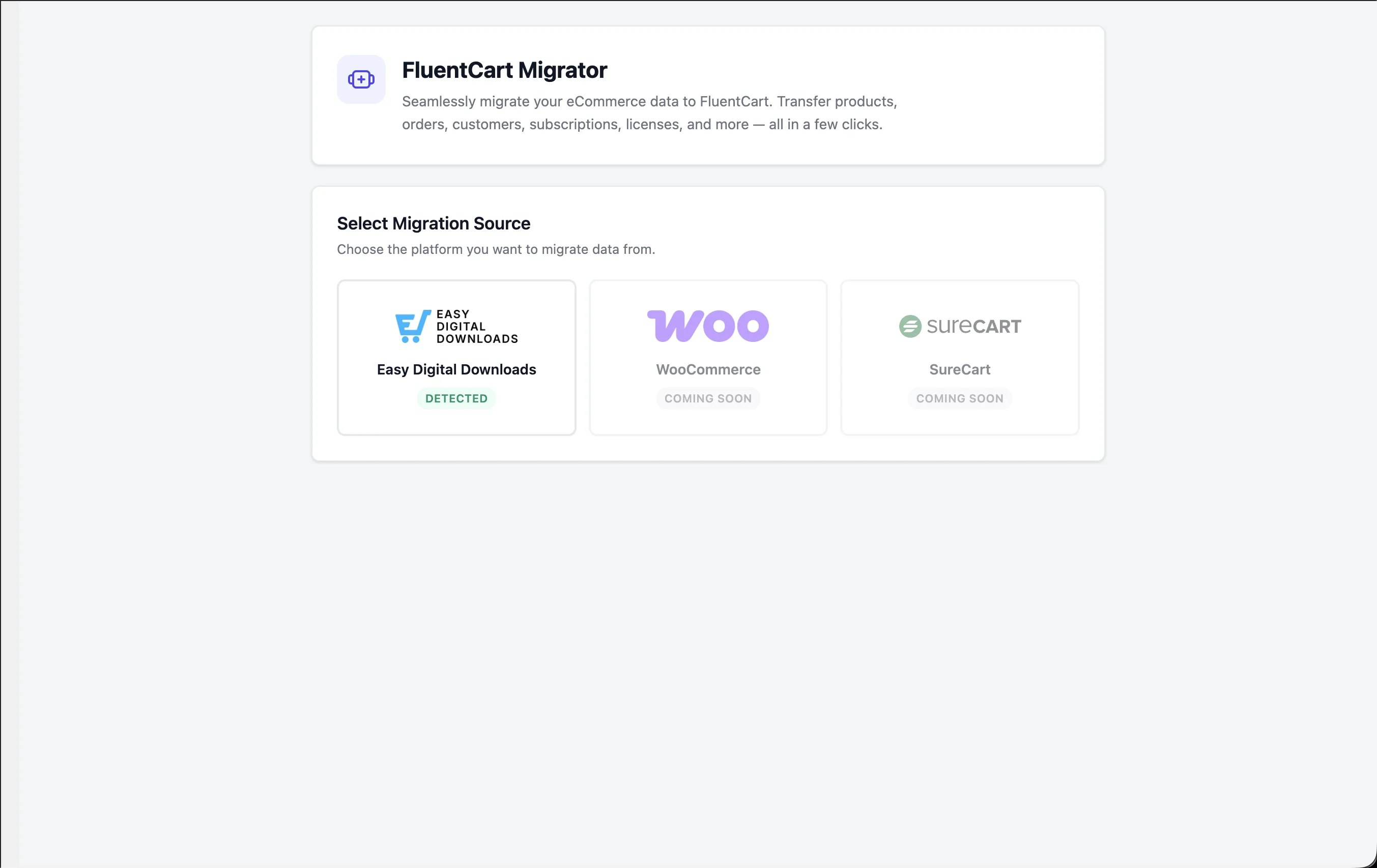 FluentCart Migrator landing screen with the source platform picker