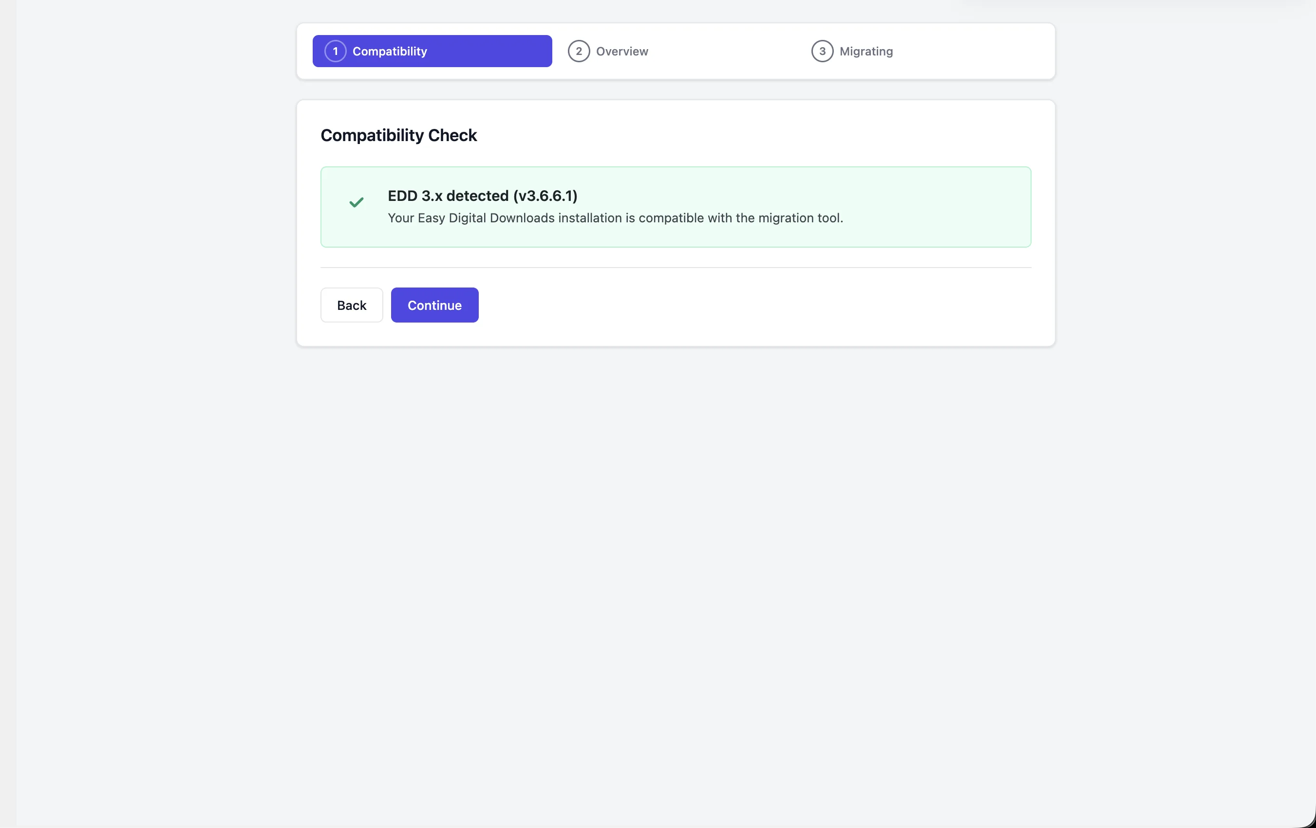 Compatibility check screen showing EDD 3.x detected with version number