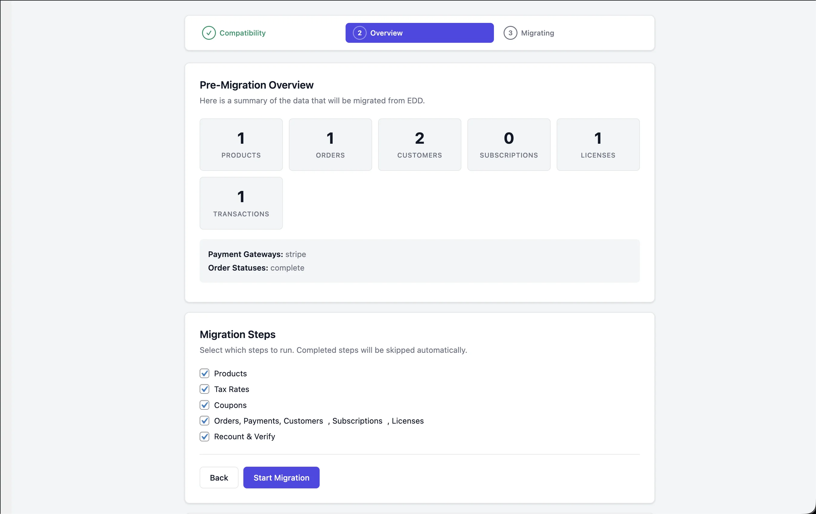 Pre-migration overview showing entity counts, gateways, and order statuses