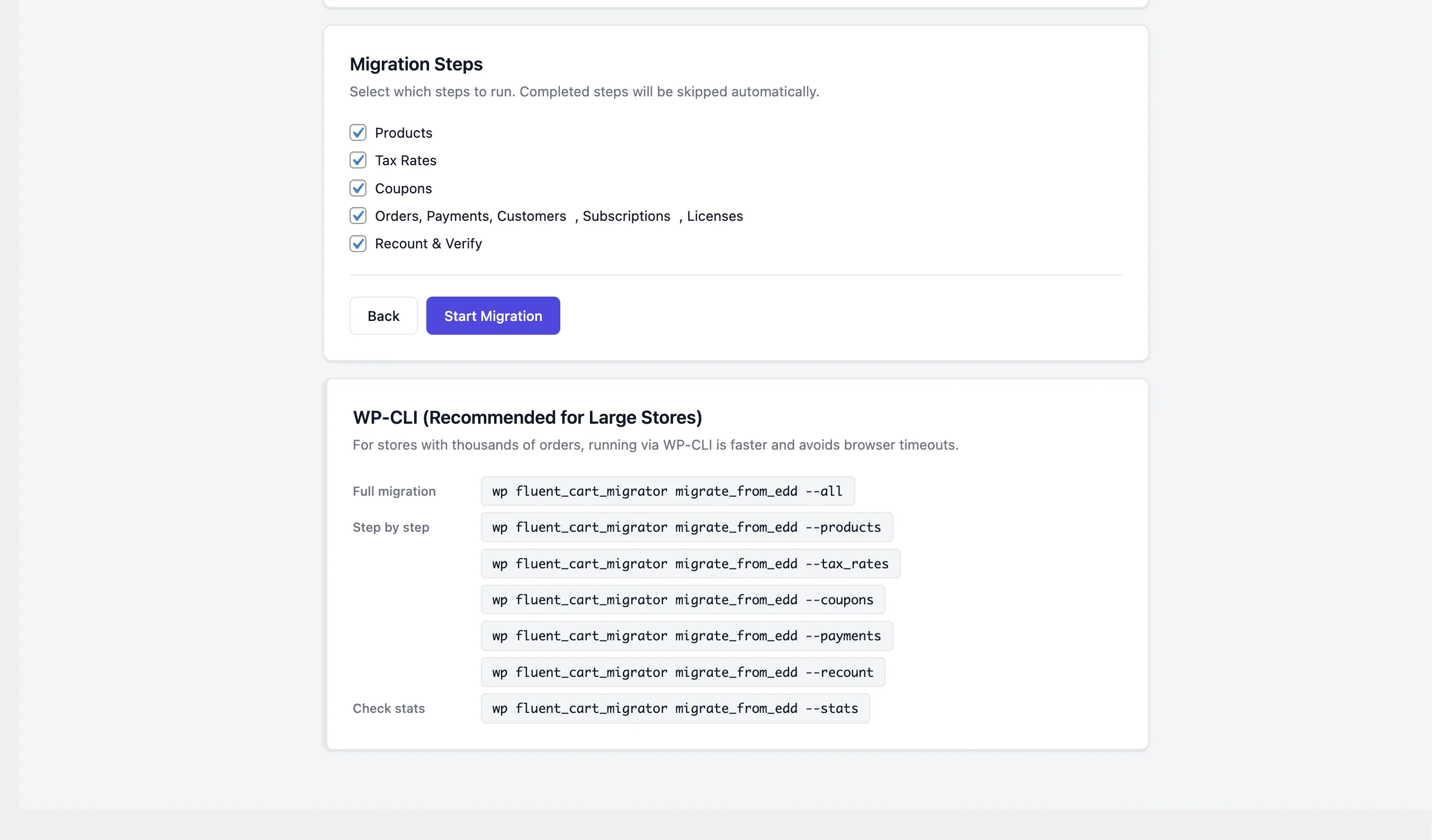 Migration steps with the WP-CLI command panel below