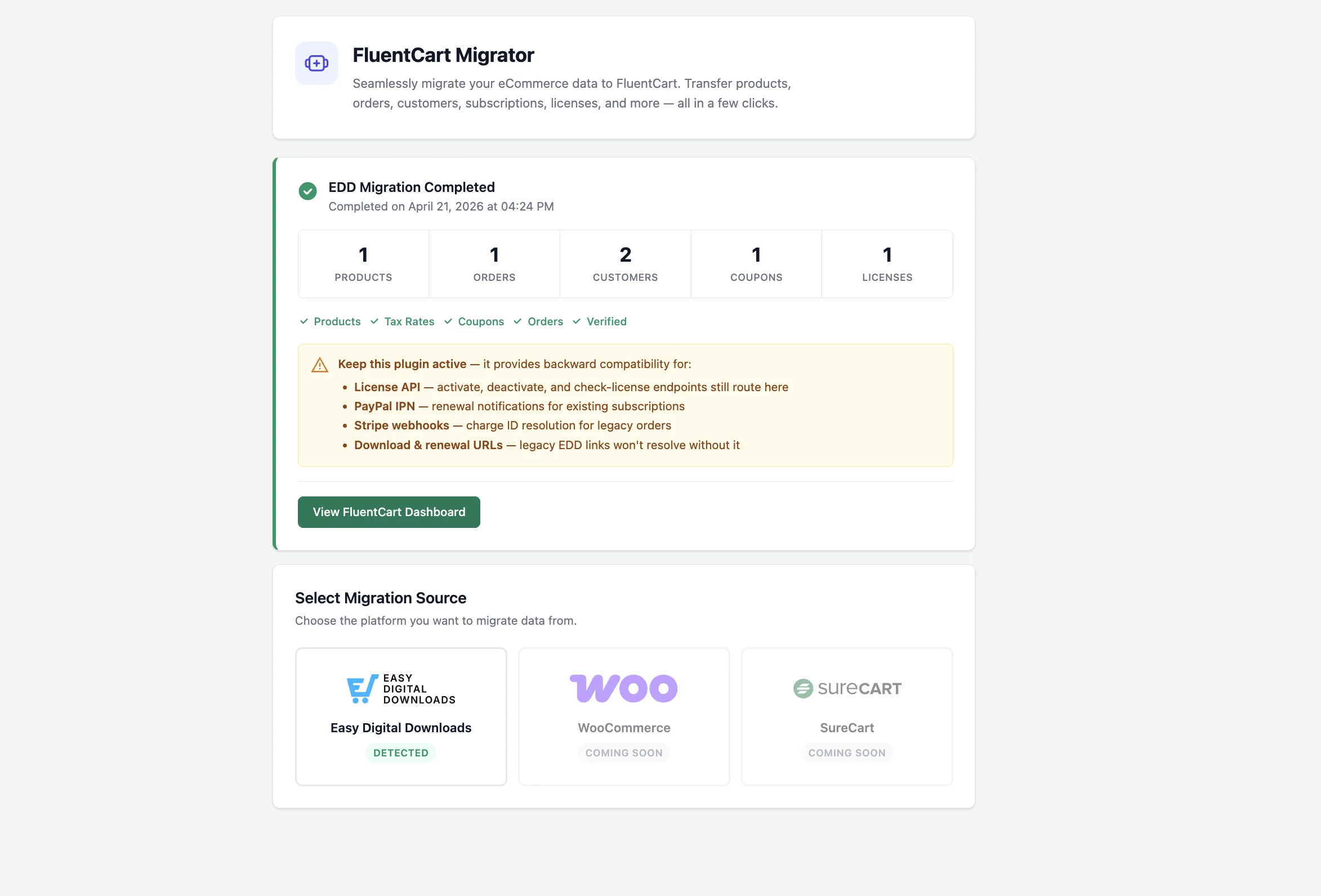 Migration completion screen with stats, backward compatibility notice, and next steps