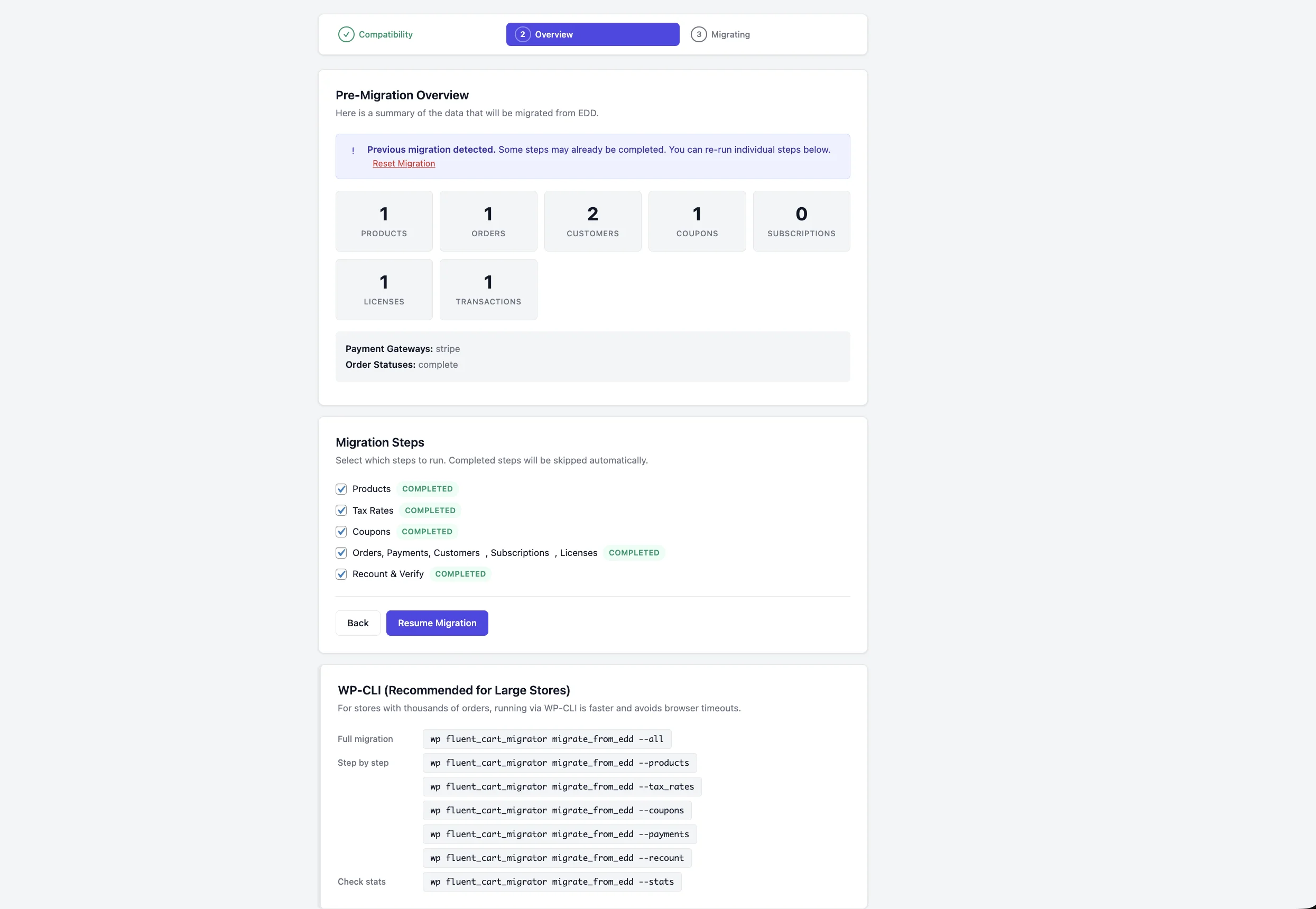 Pre-Migration Overview with the Previous migration detected notice and Reset Migration link