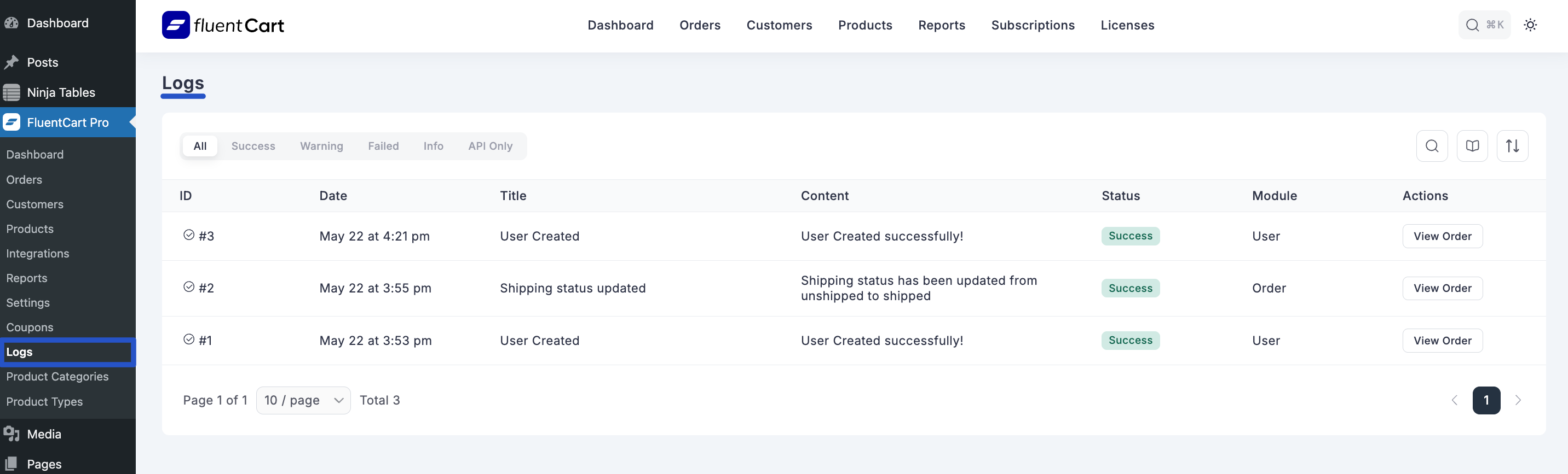Screenshot of Logs List Page