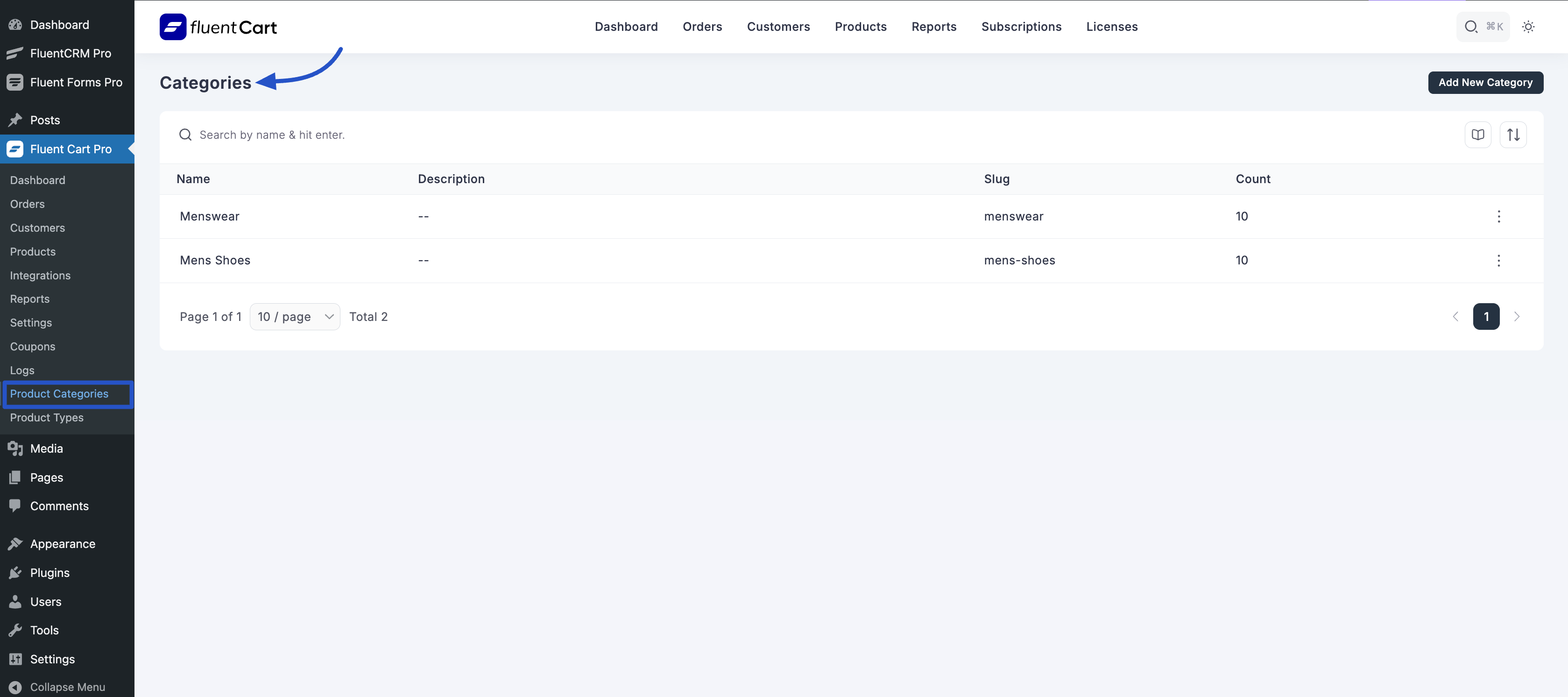 Screenshot of Product Categories List Page