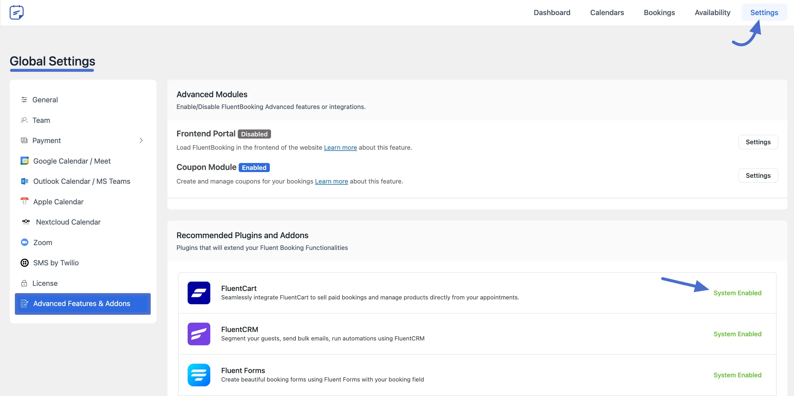 Activating the FluentCart module within FluentBooking settings