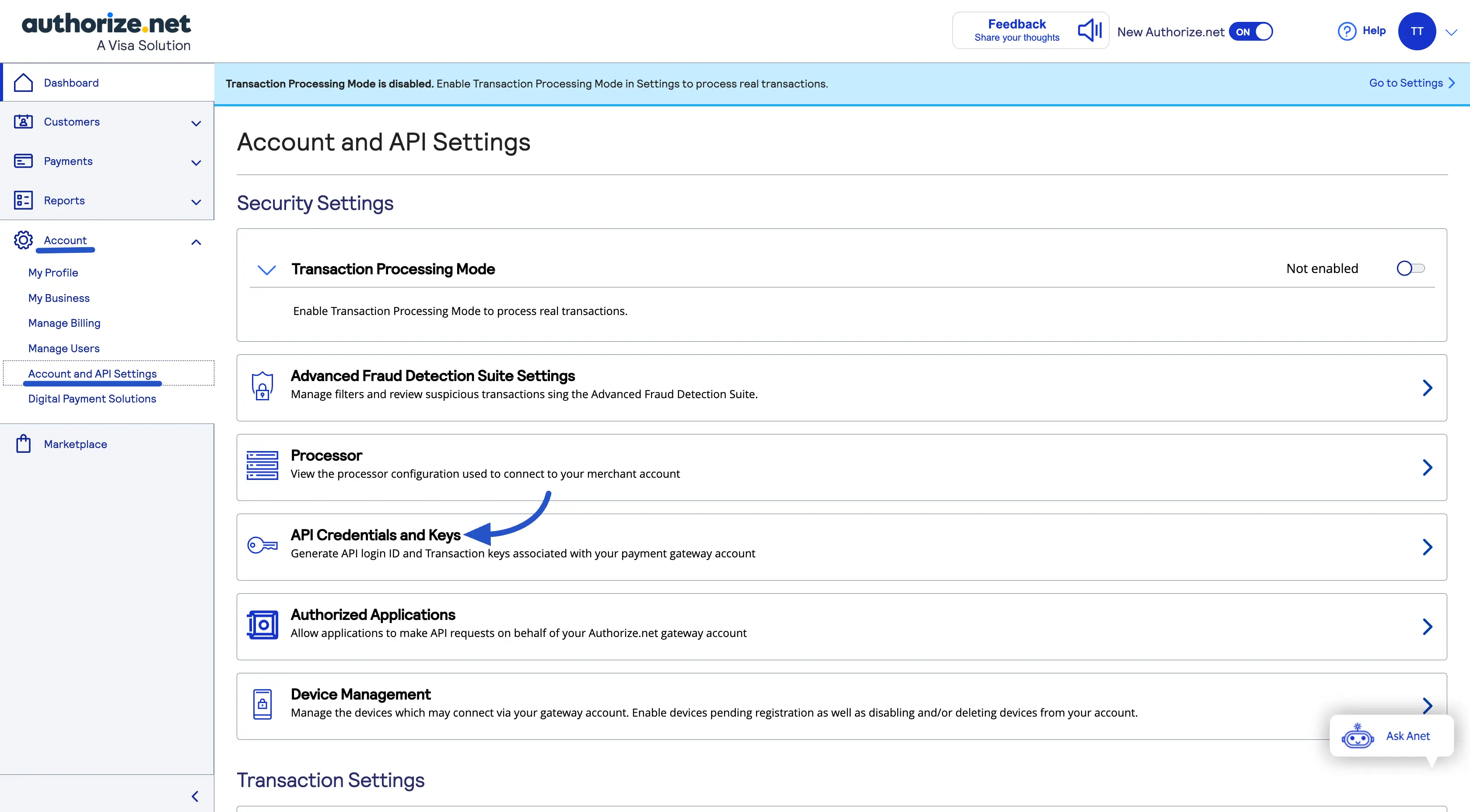 Authorize.net Settings