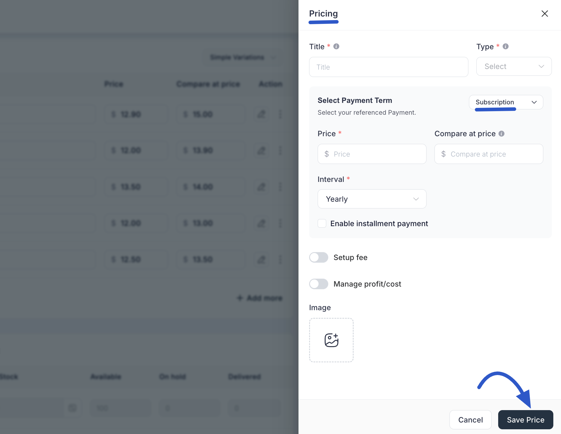 Screenshot of Product Types pricing Page