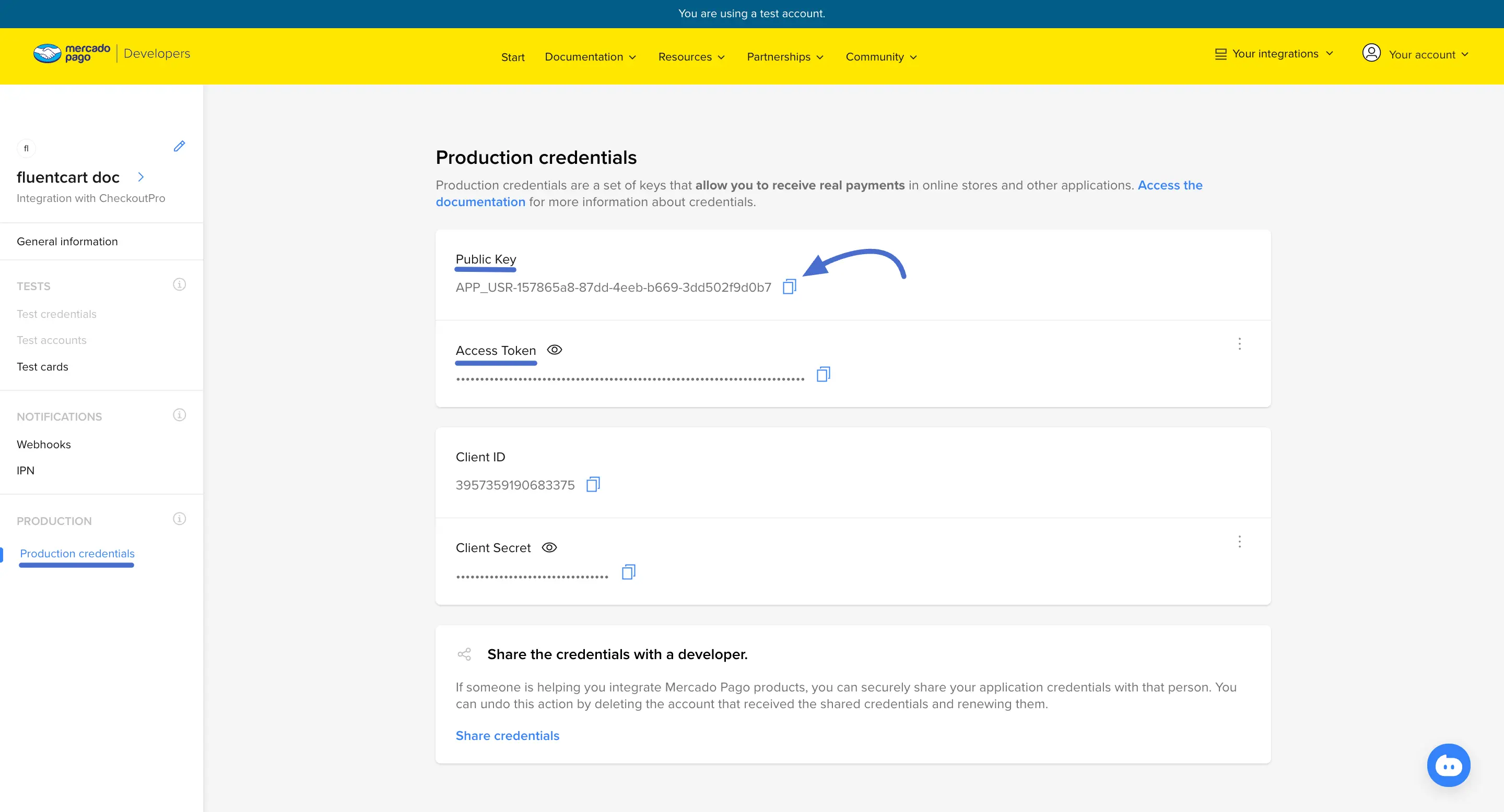 Copy Public Key & Access Token