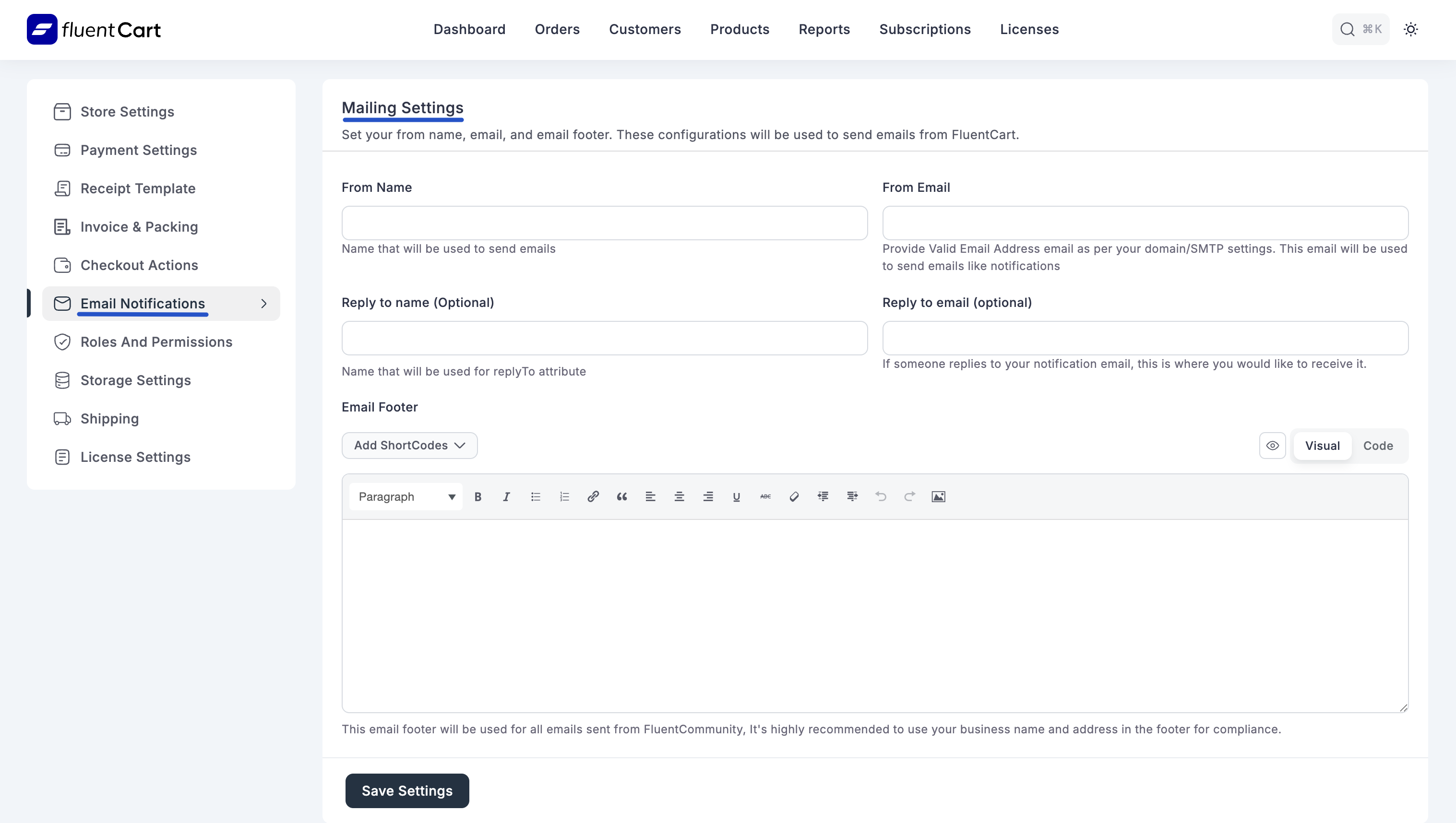 Screenshot of Mailing Settings