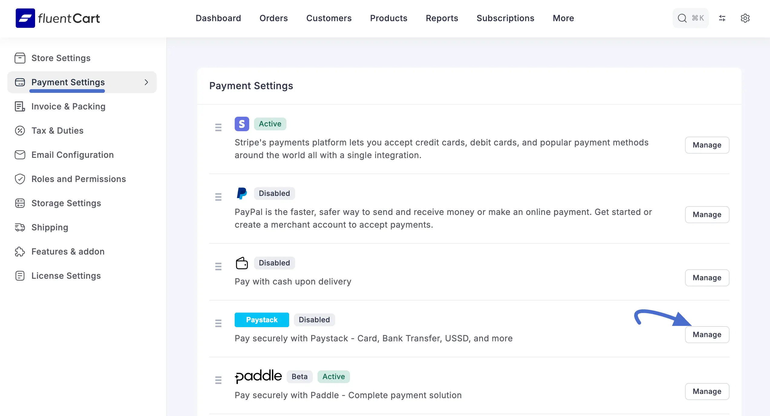 Installing and activating Paystack in FluentCart Payment Settings