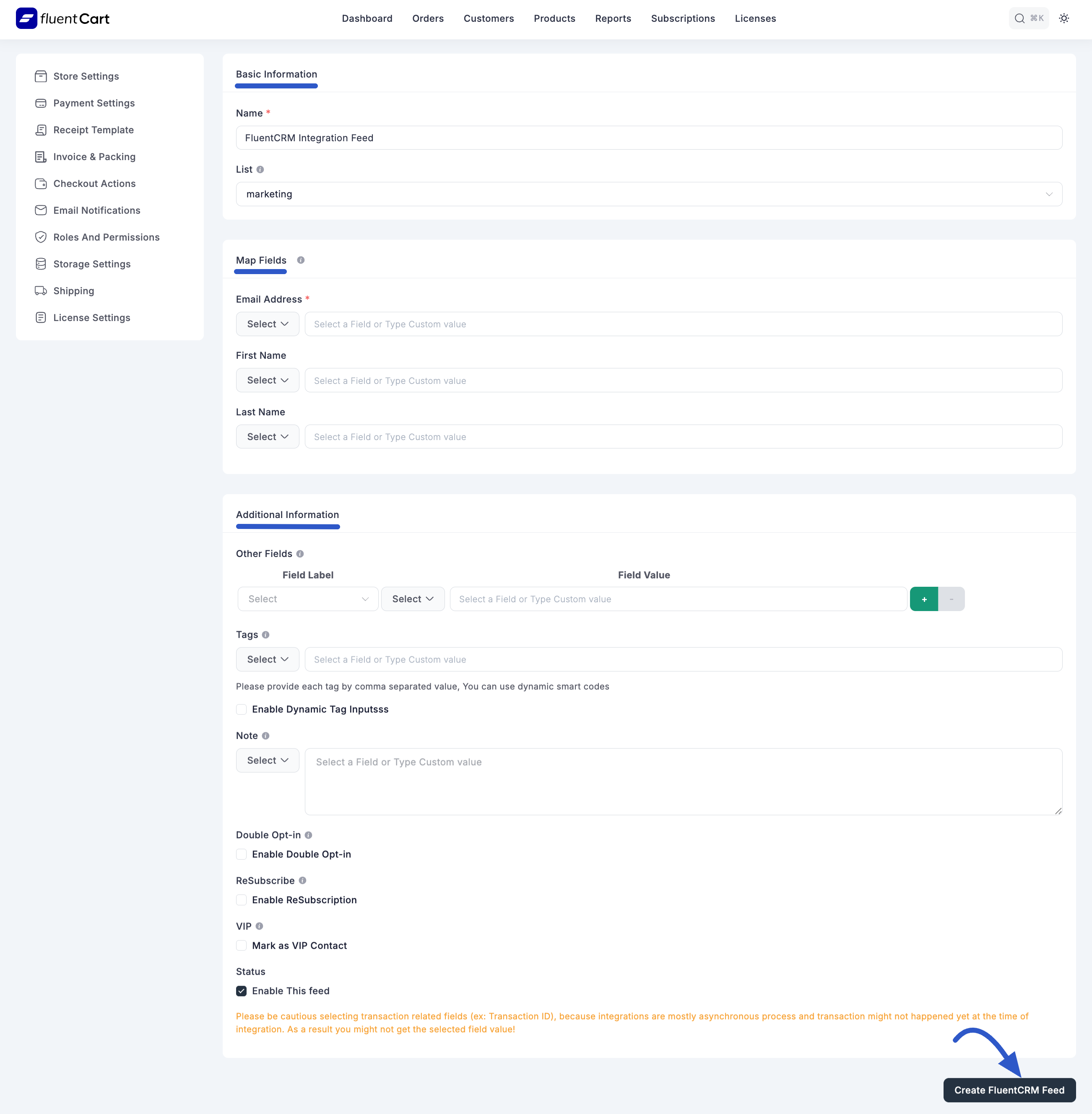 Screenshot of Fluentcrm Integration Page