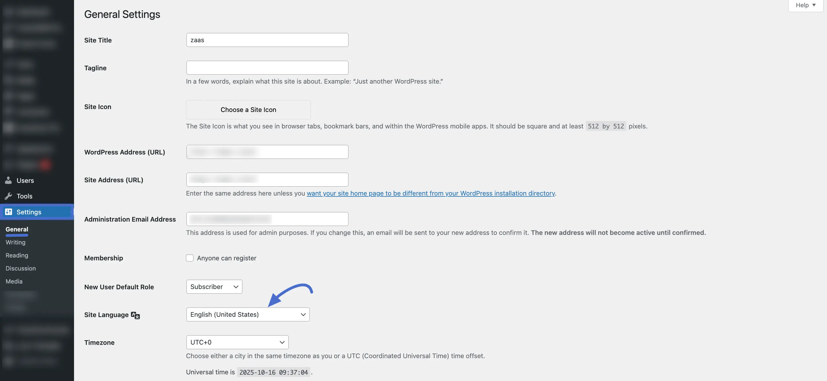 Setting the Site Language in WordPress General Settings