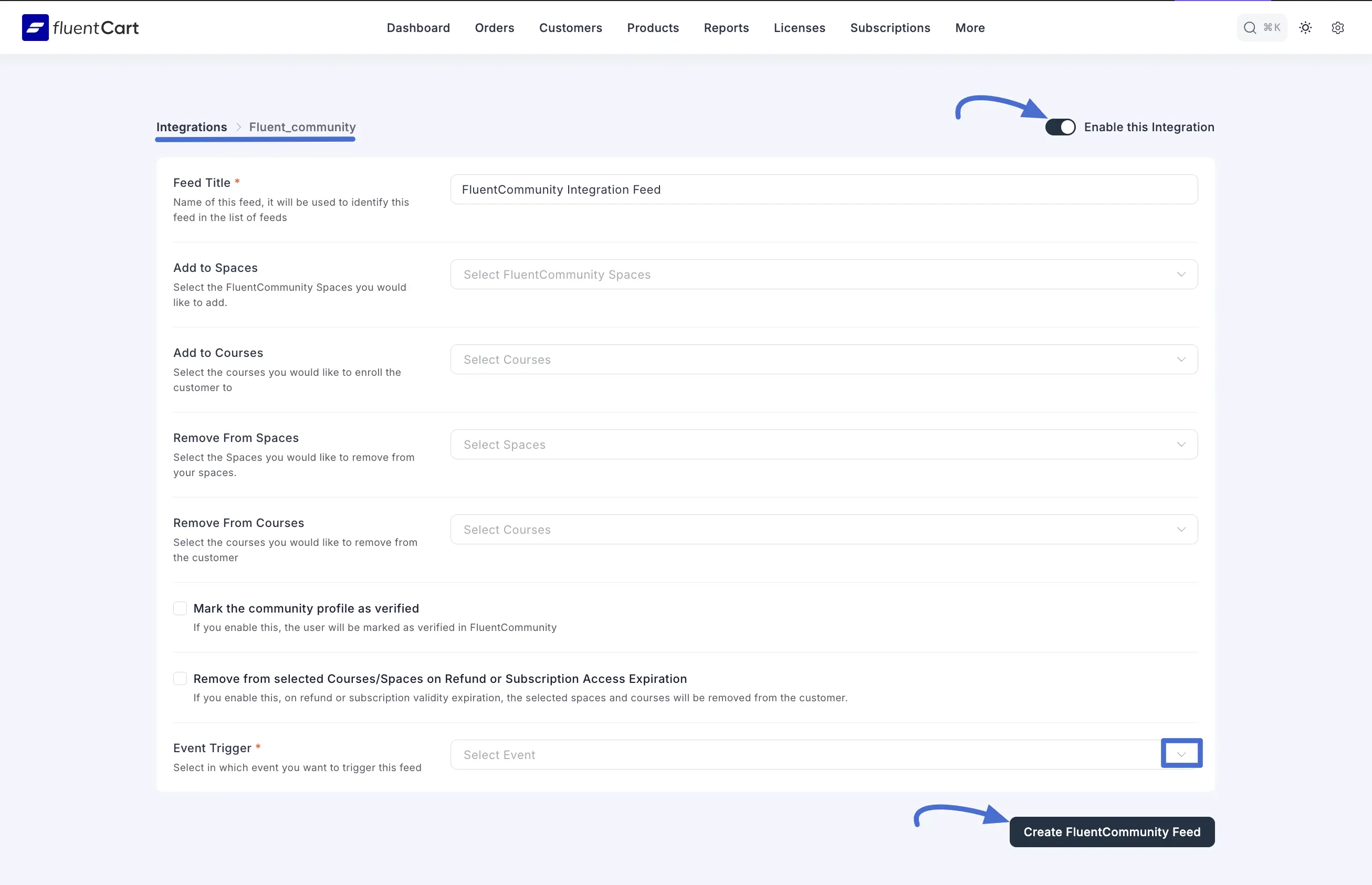 Configure Integration Feed Fluentcommunity