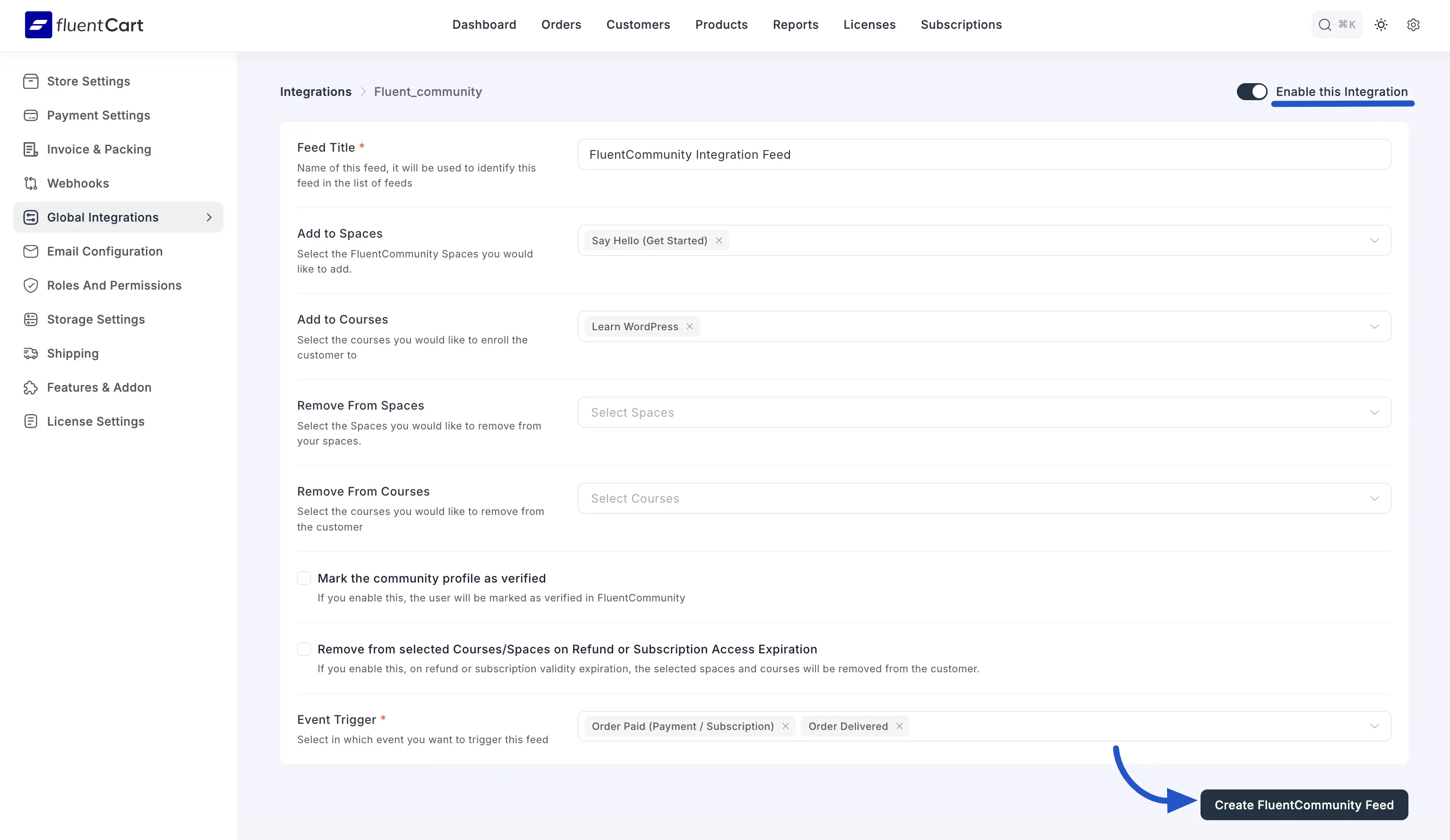 Configure Integration Feed Fluentcommunity