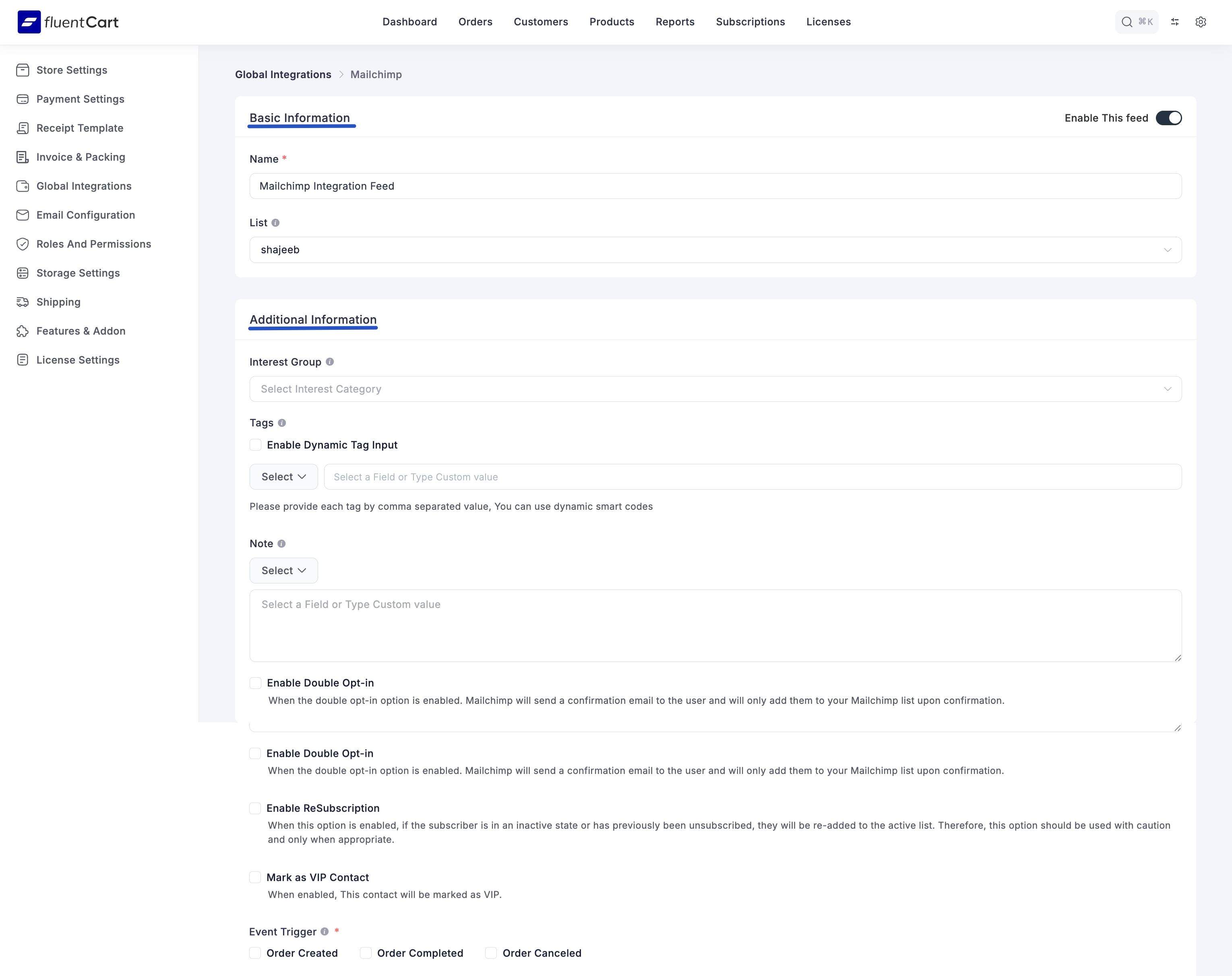 FluentCart Mailchimp Settings