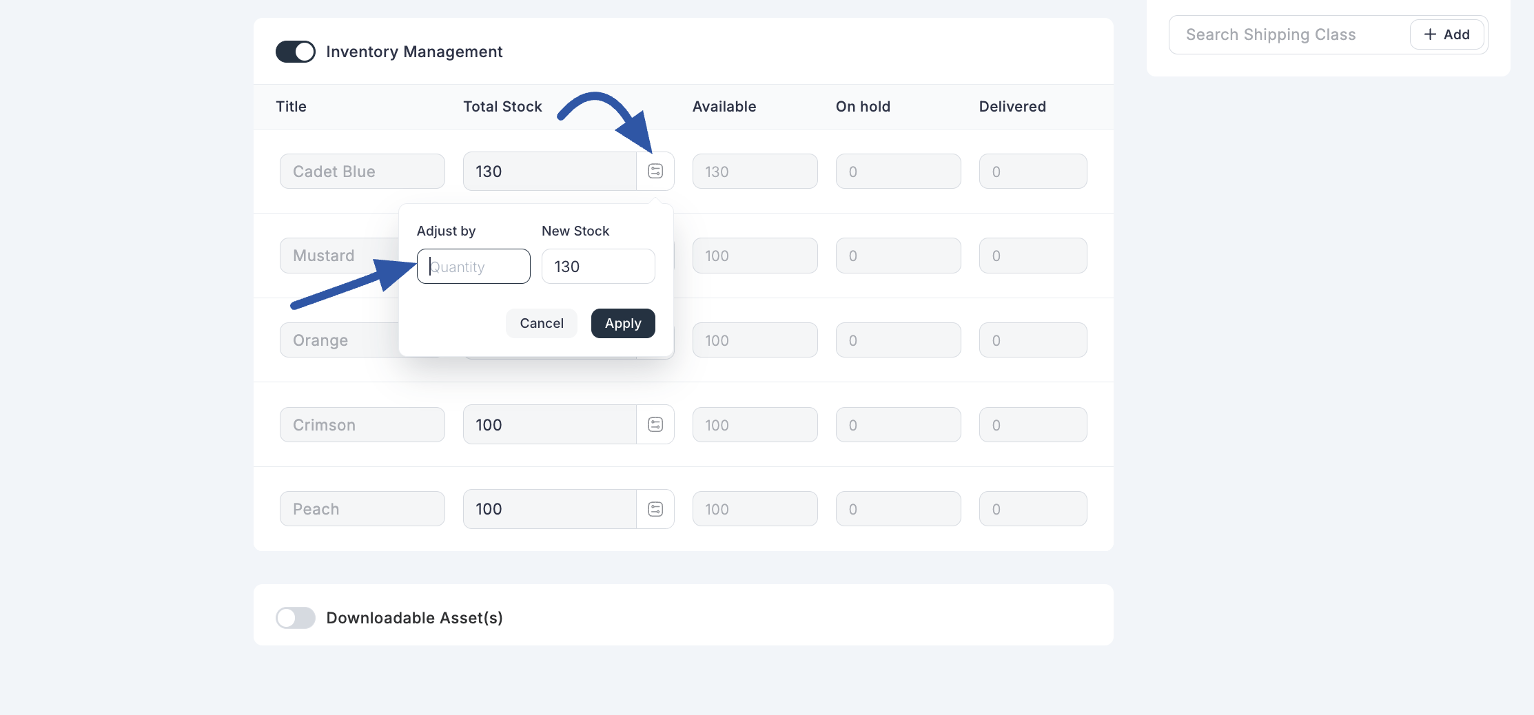 Screenshot of Adjust Stock Section