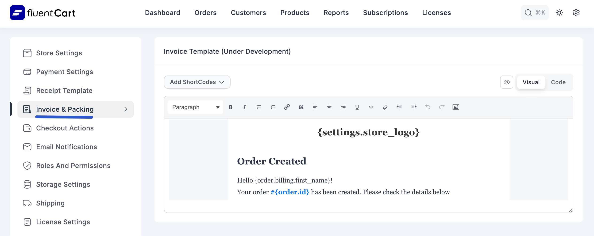 Screenshot of Invoice & Packaging Page