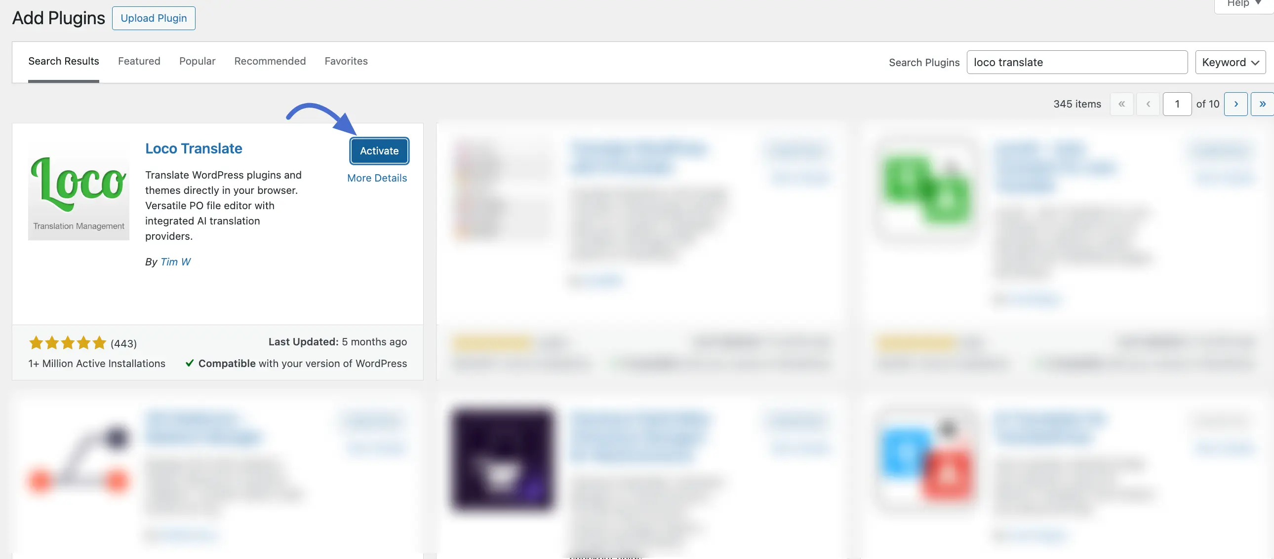 Activating the Loco Translate plugin from the WordPress plugins page.