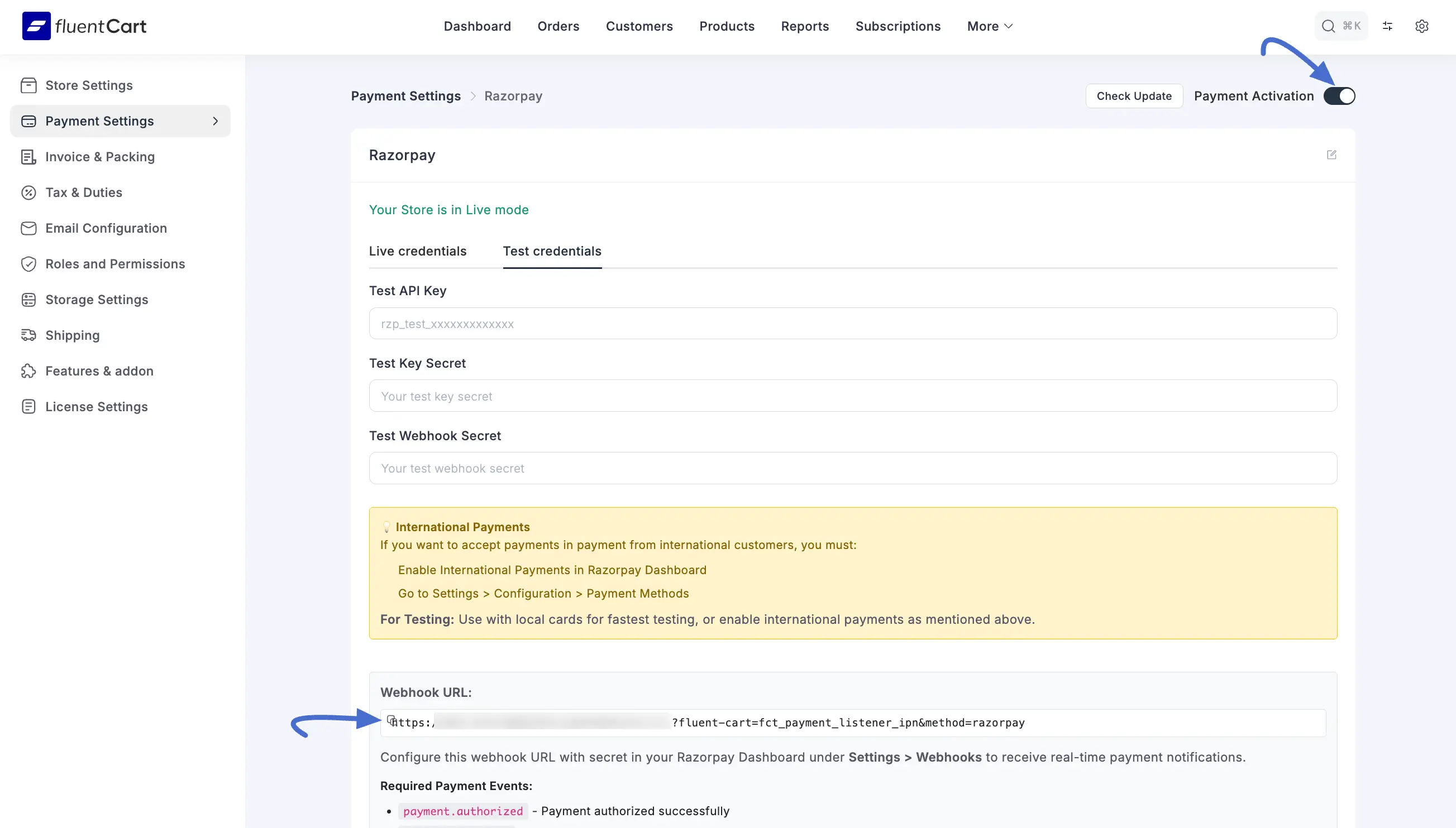 Configure Razorpay Settings