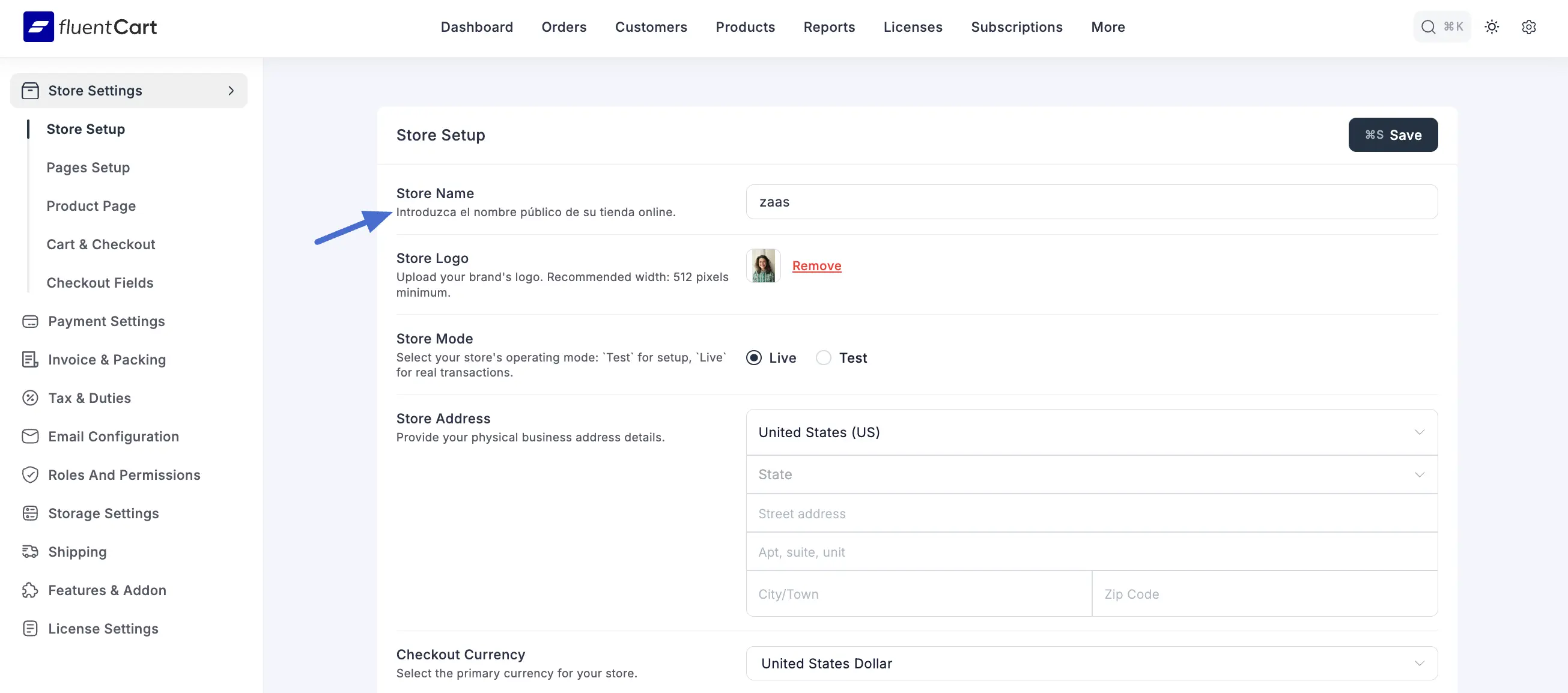 Viewing the successfully translated helper text in the FluentCart Store Setup settings.