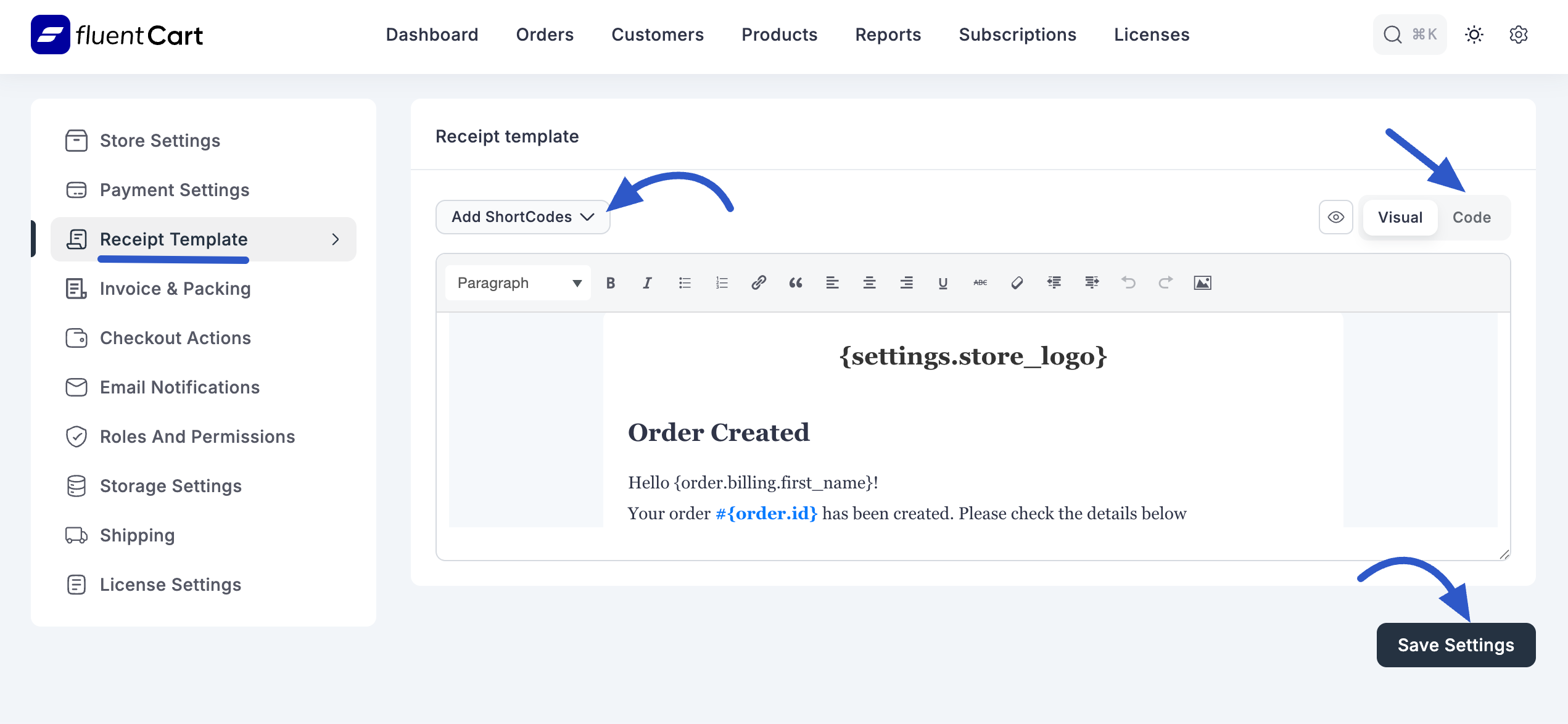 Screenshot of Receipt Template Page