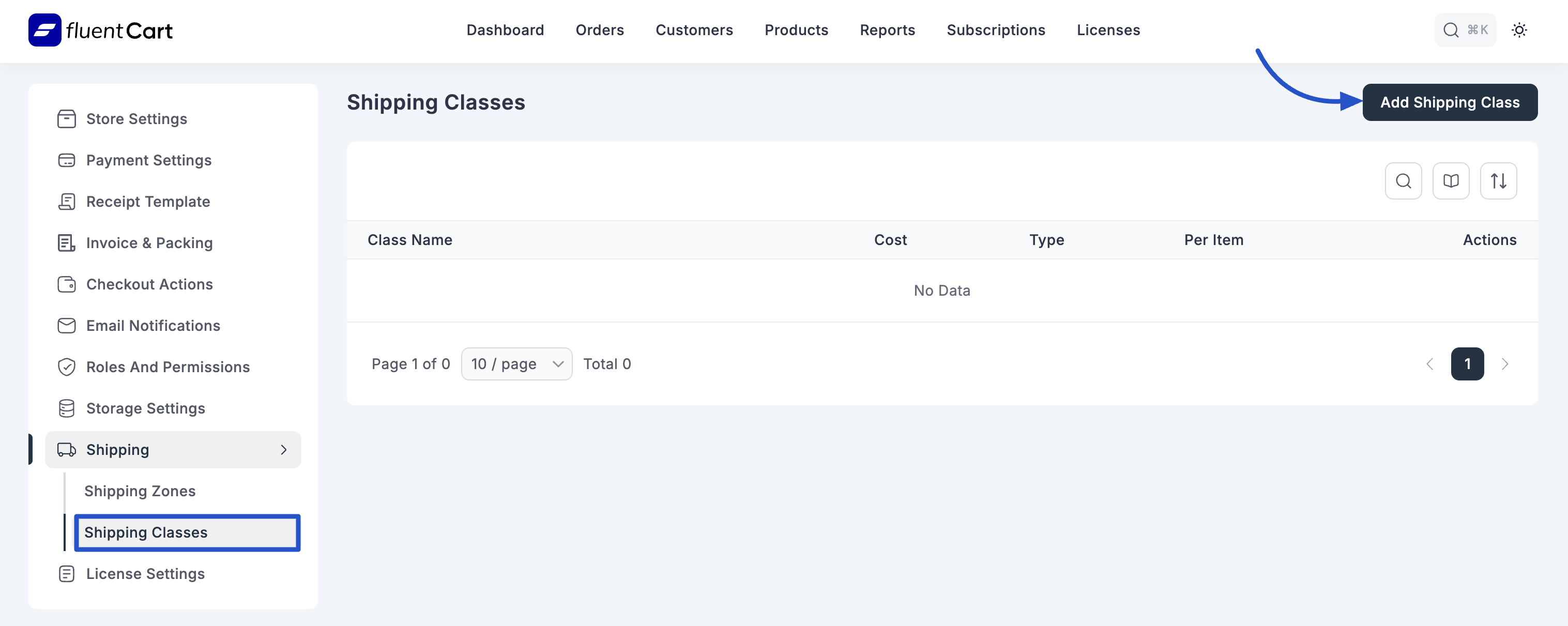 Screenshot of Shipping Classes