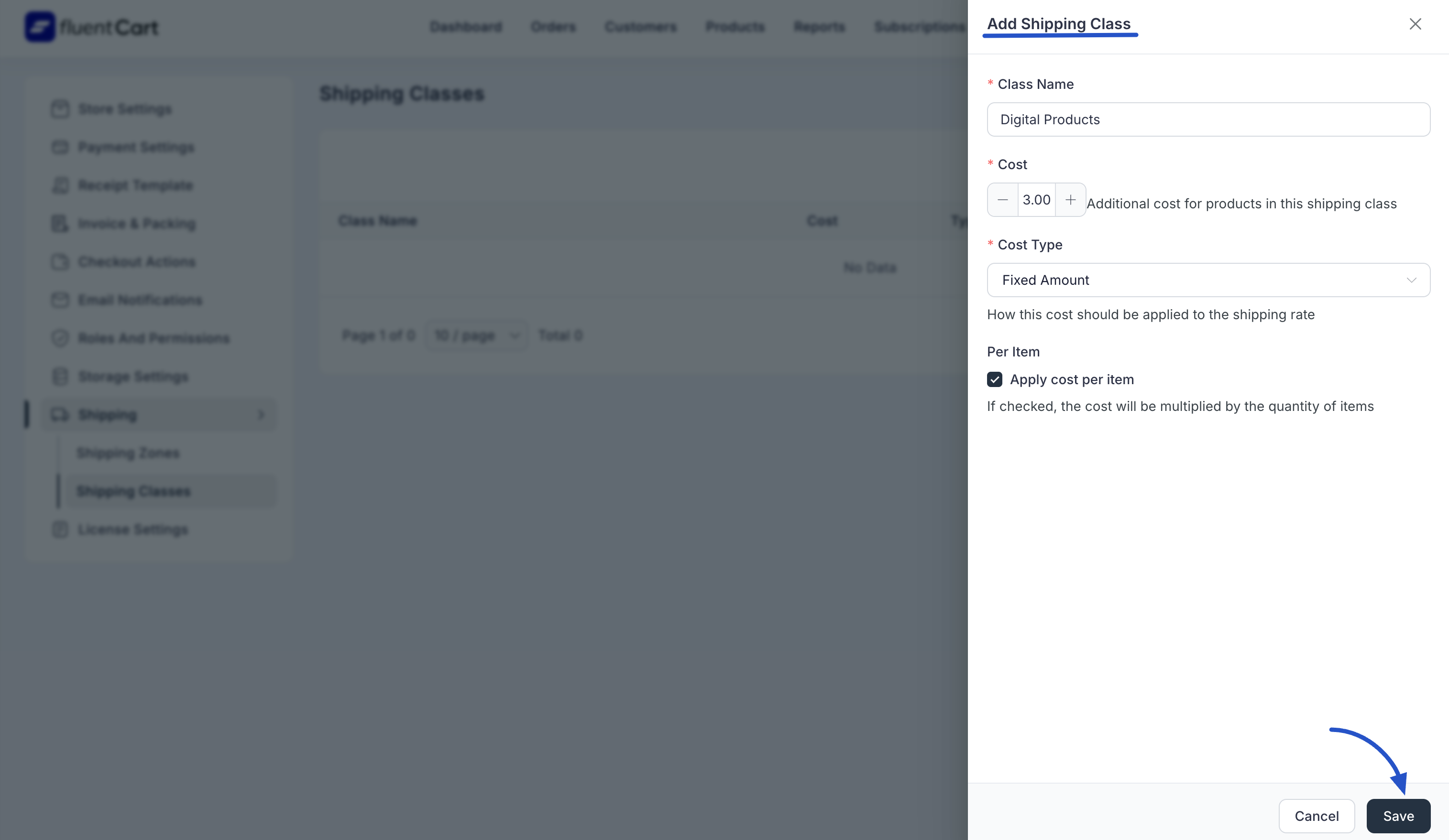 Screenshot of Shipping Classes