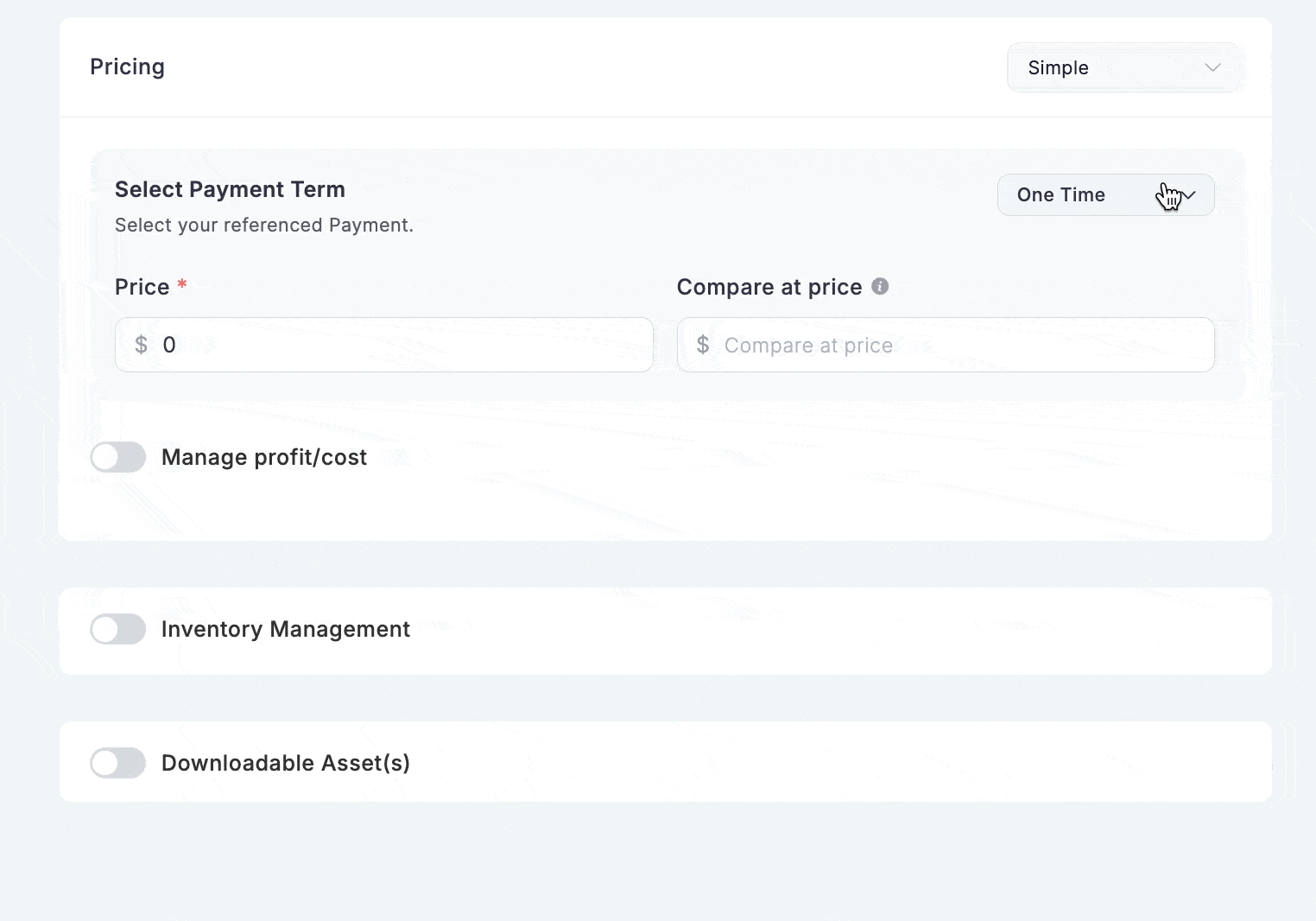 Gif of Digital Product Edit Screen (Simple Pricing)
