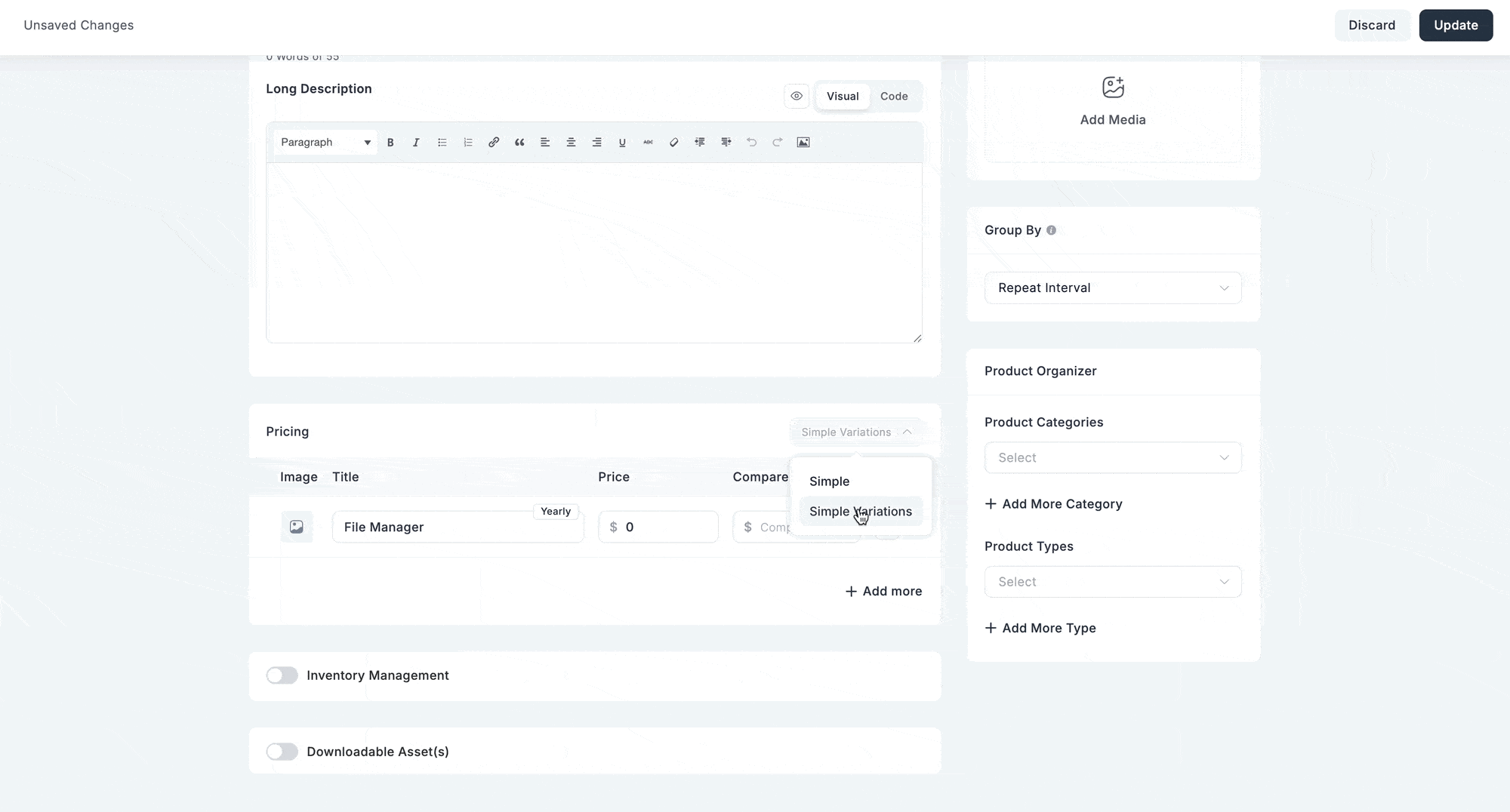 Gif of Digital Product Edit Screen (Simple VAriation)