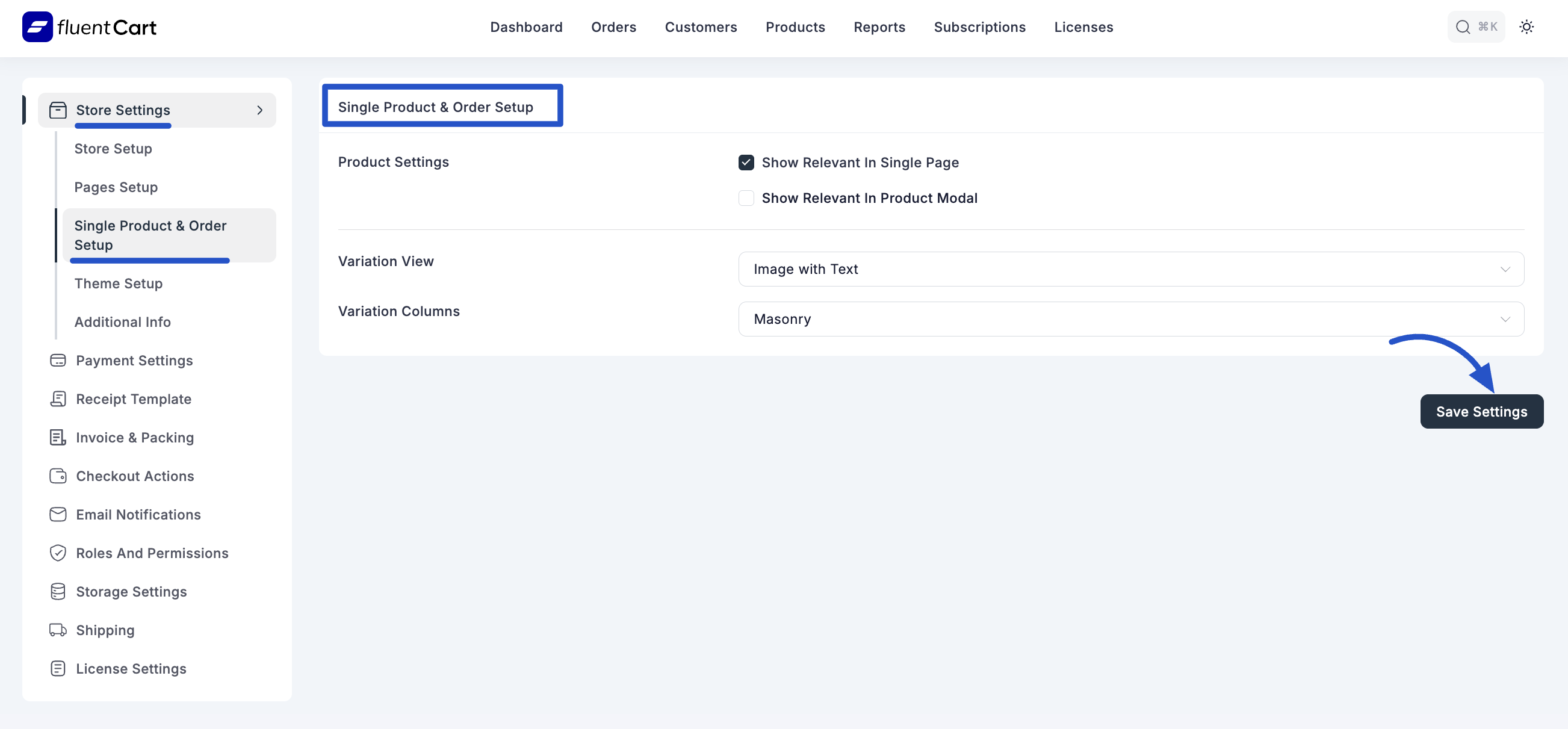 Screenshot of Single Product & Order Setup Tab