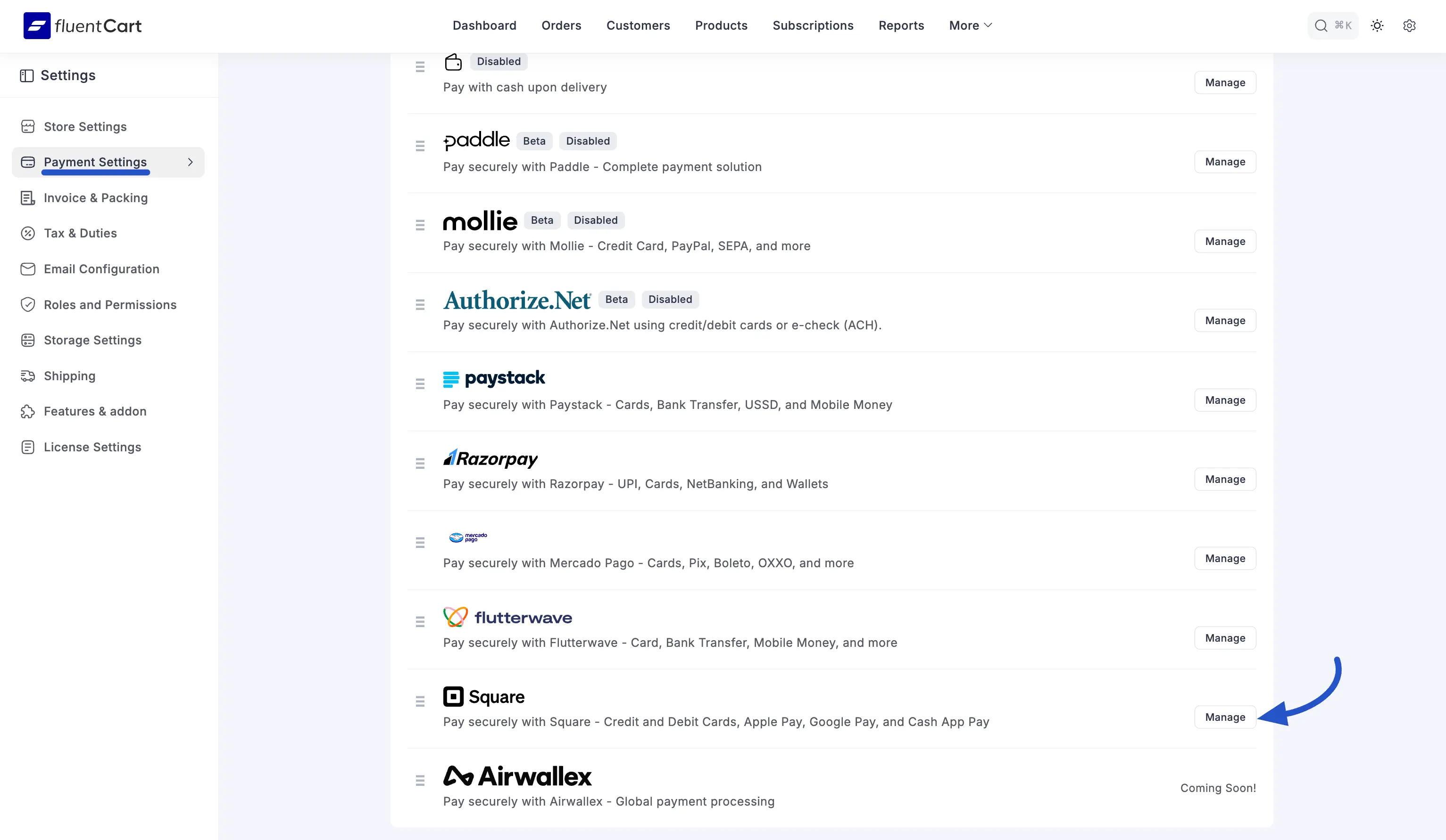 Find Square in FluentCart Payment Settings