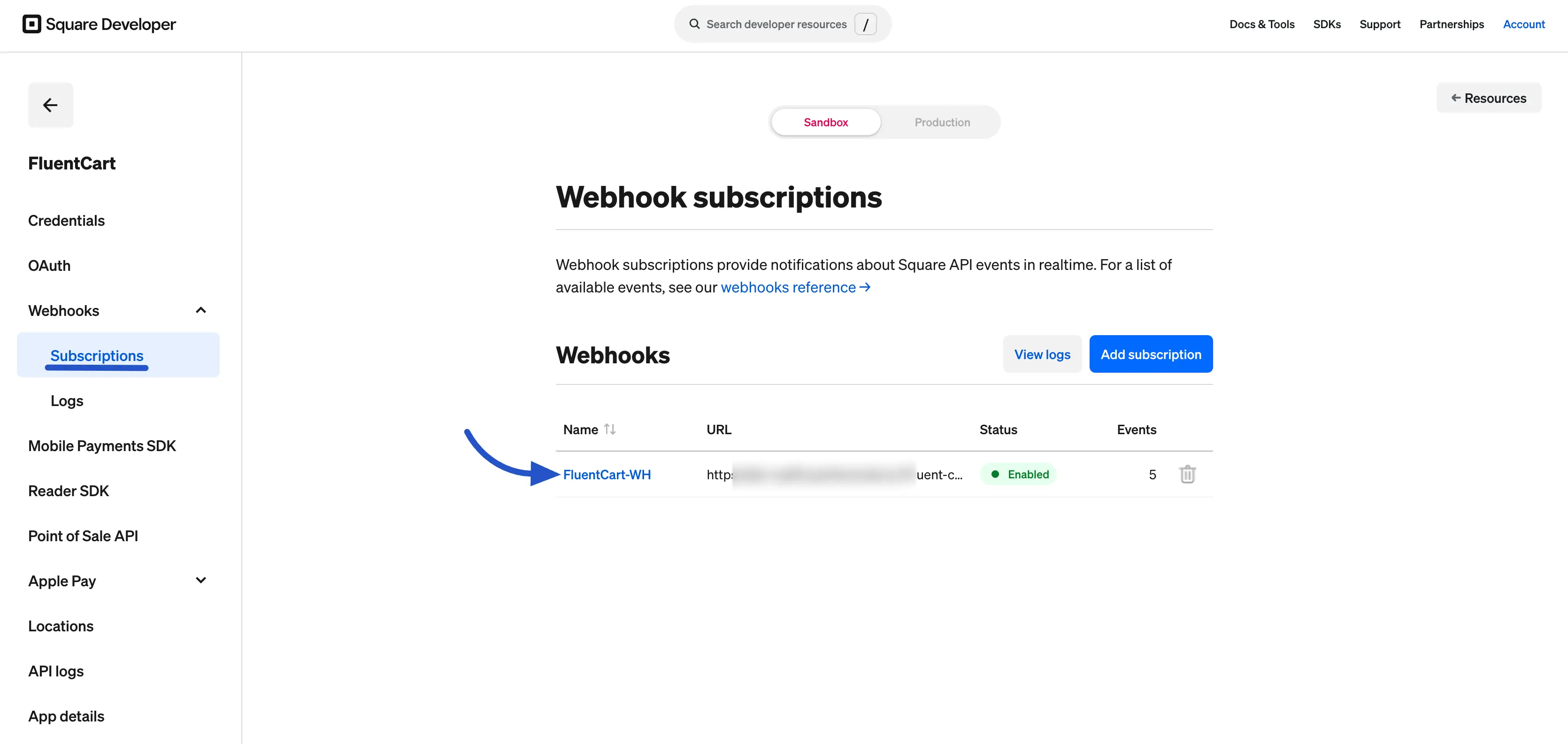 Square webhook subscription created and enabled
