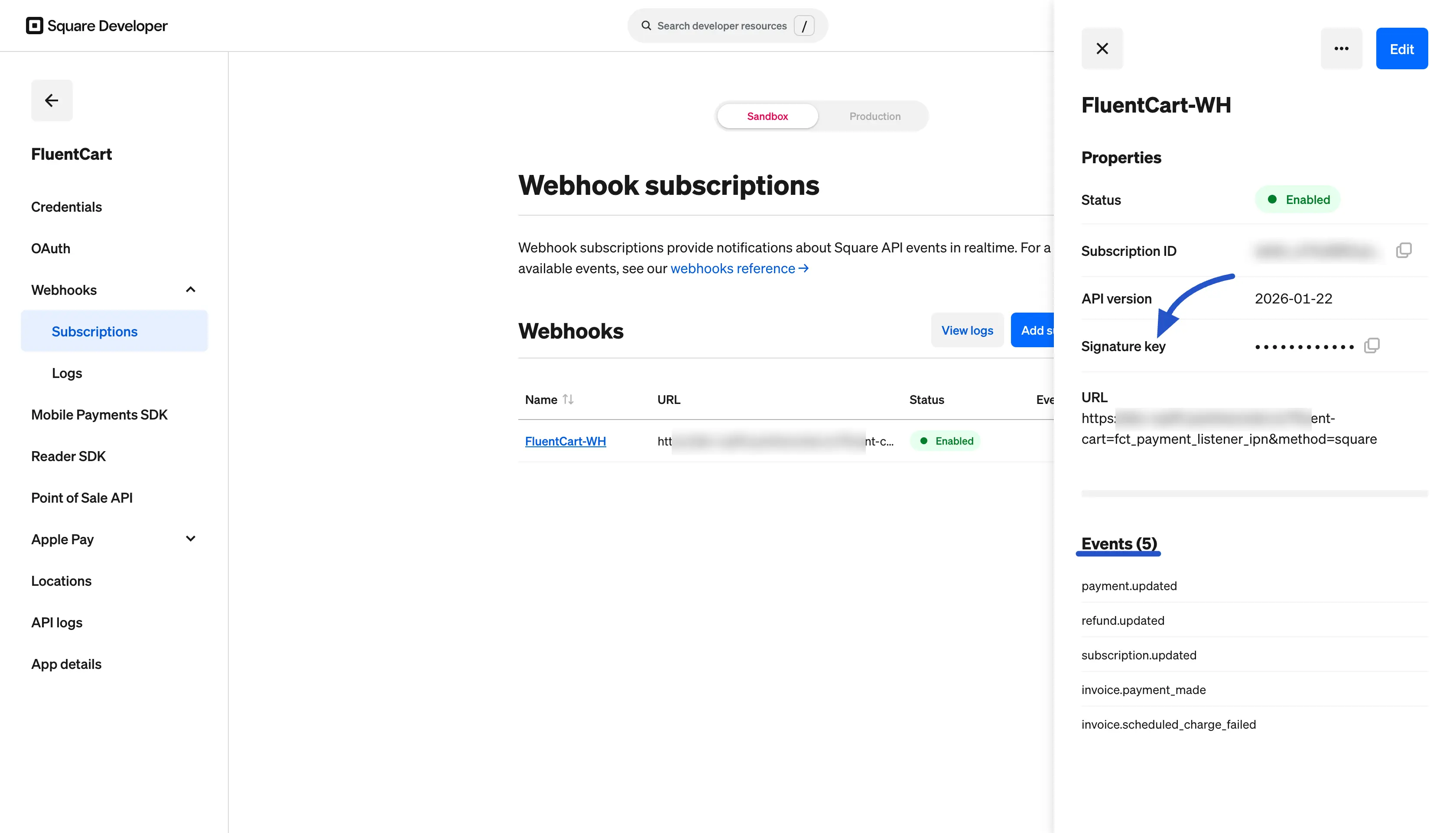 Copy the webhook signature key from Square