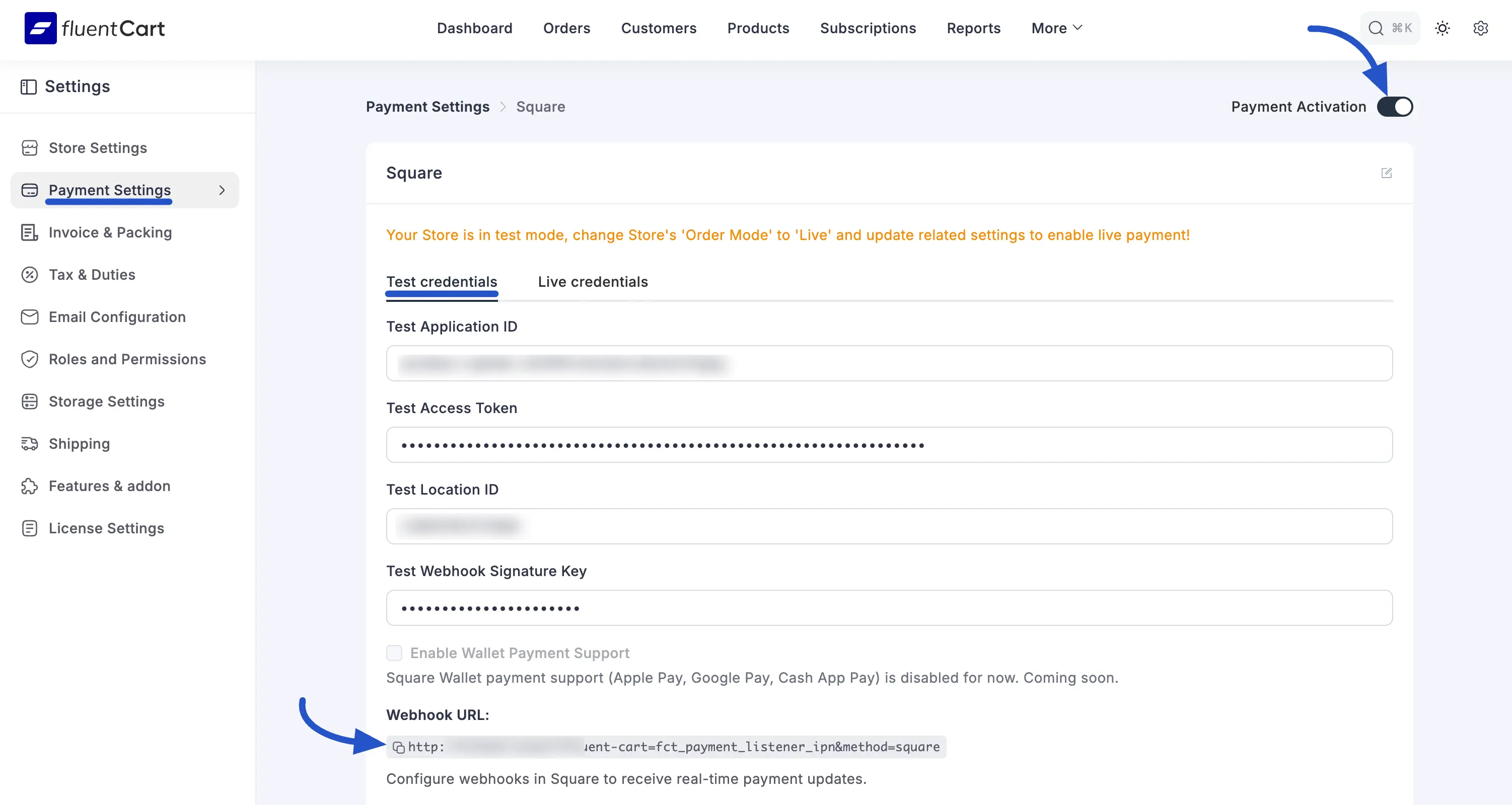 Enable Payment Activation and save Square settings