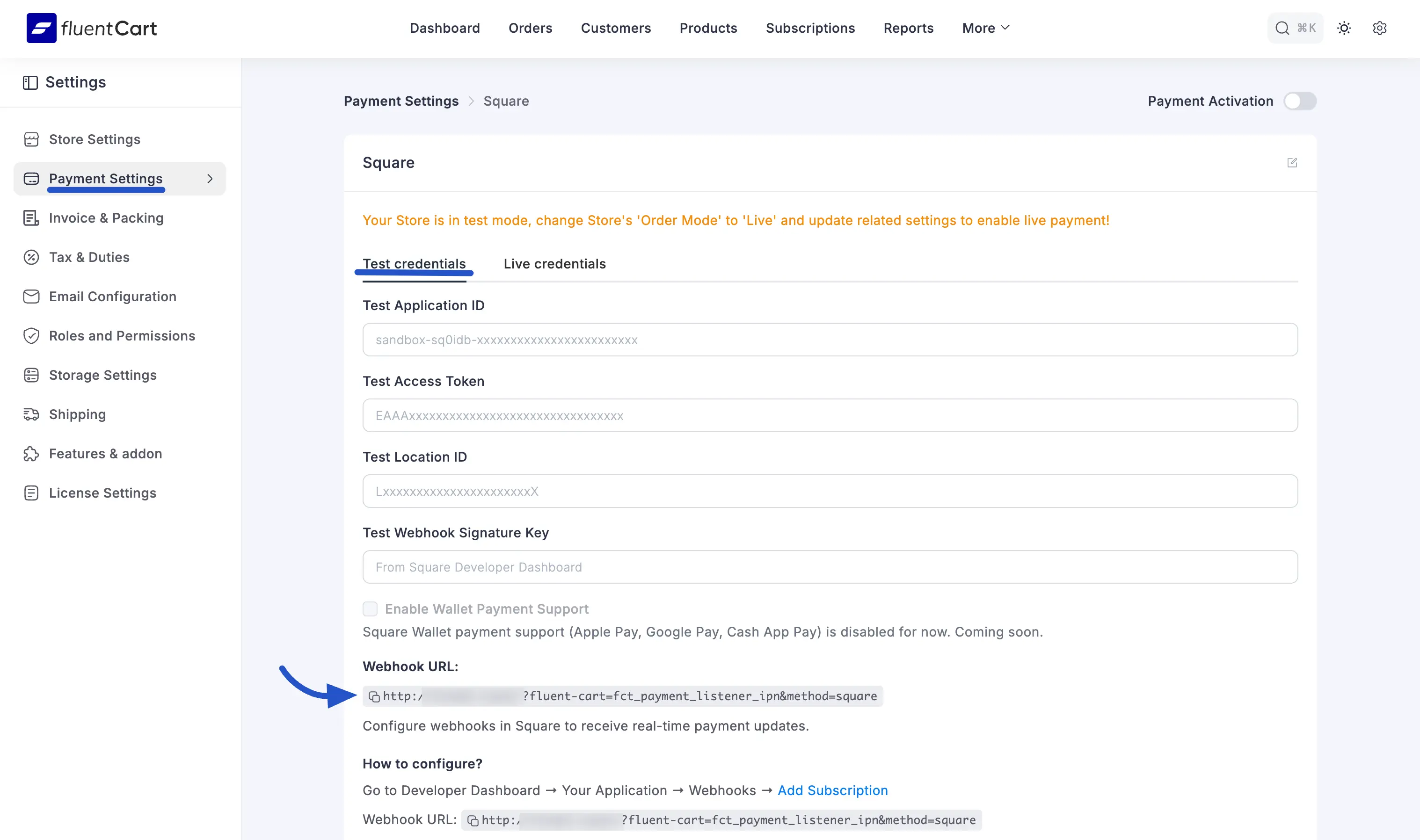 Square Settings page in FluentCart