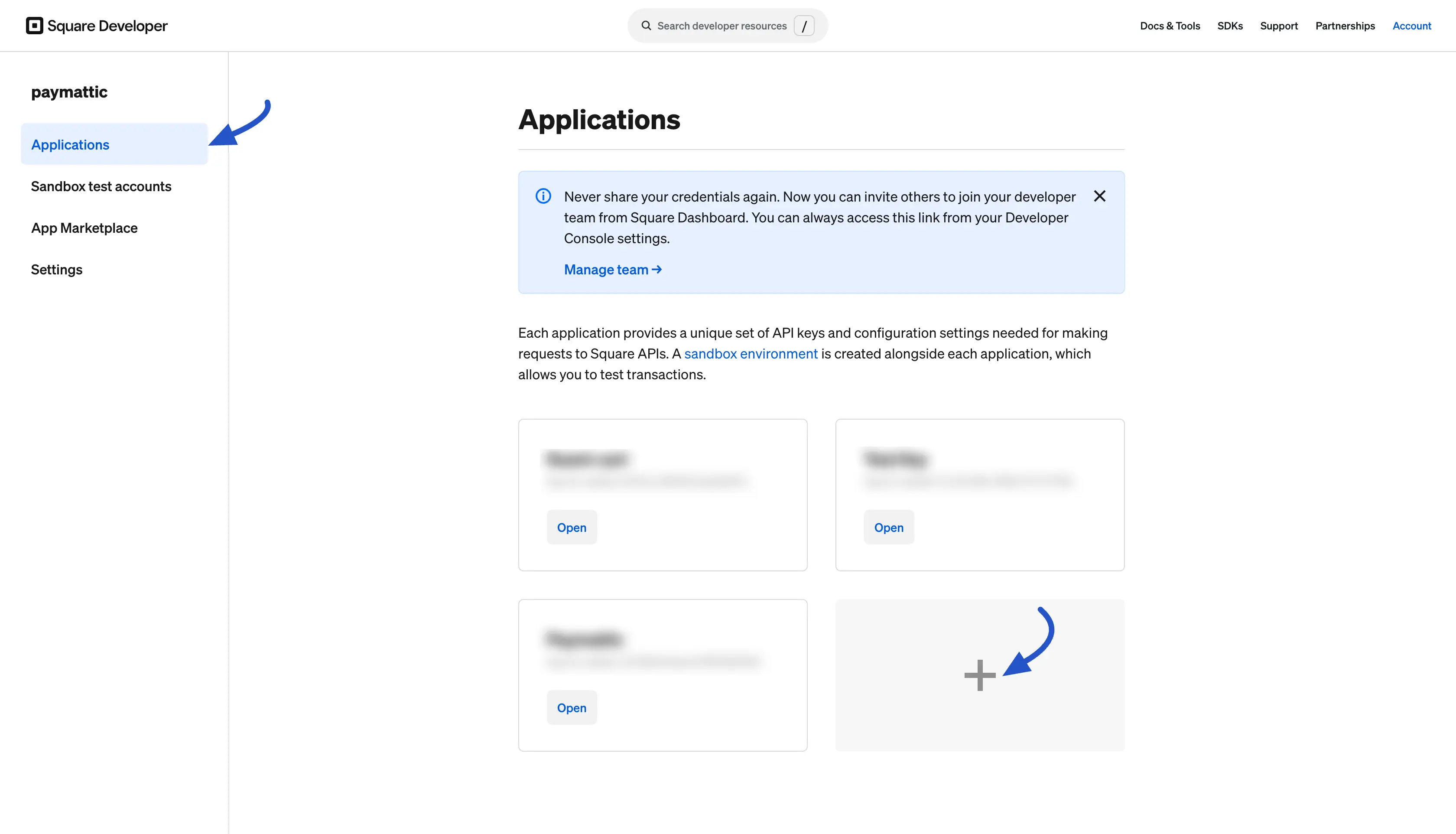 Create a new application in Square Developer Dashboard