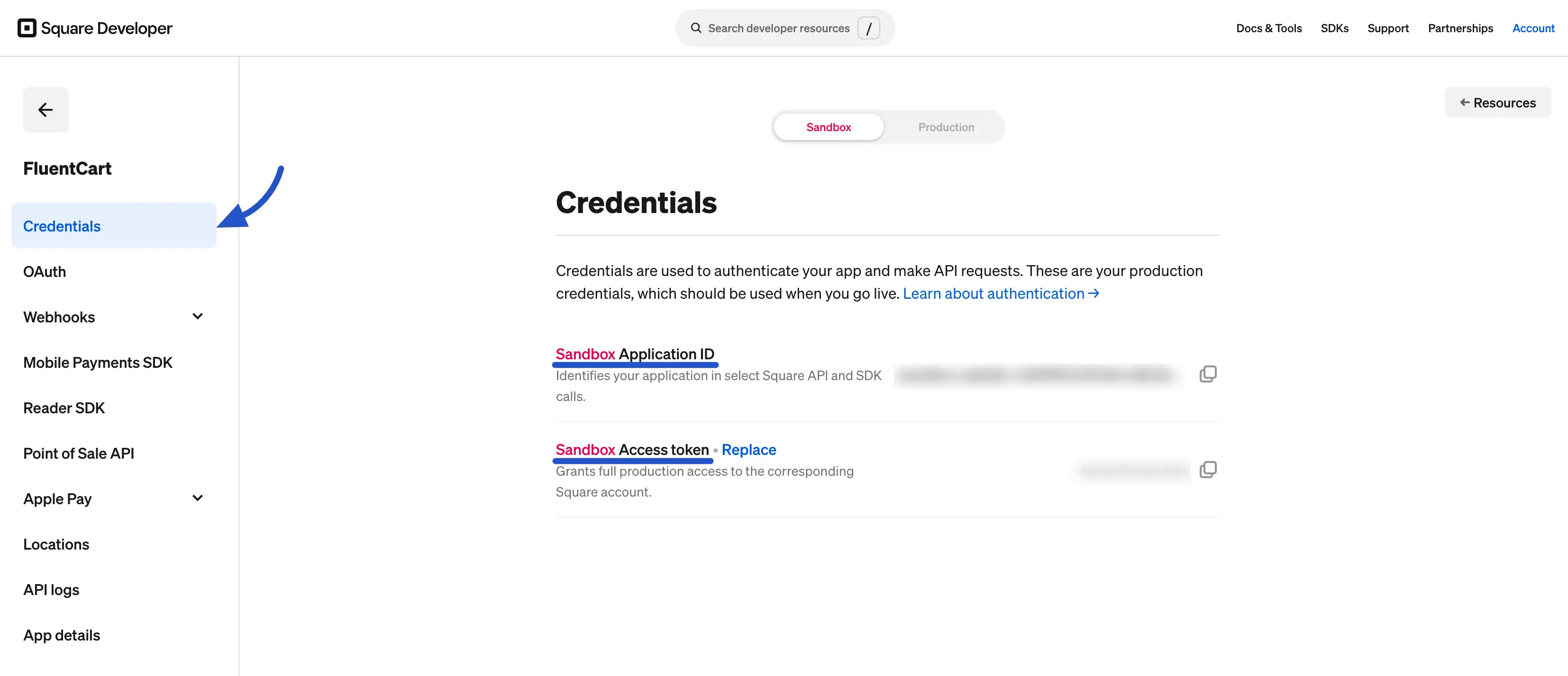 Copy Sandbox Application ID and Access token from Square