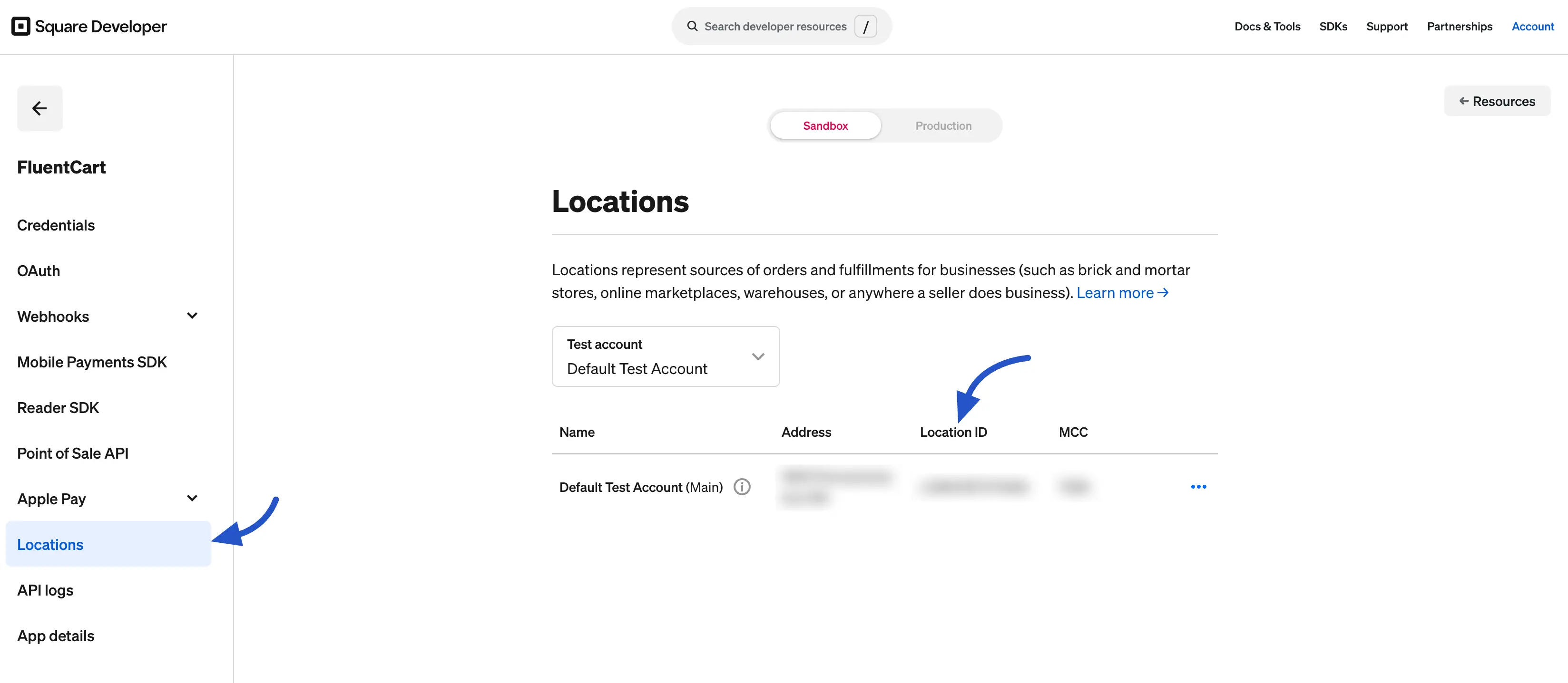 Copy Location ID from Square Developer Dashboard