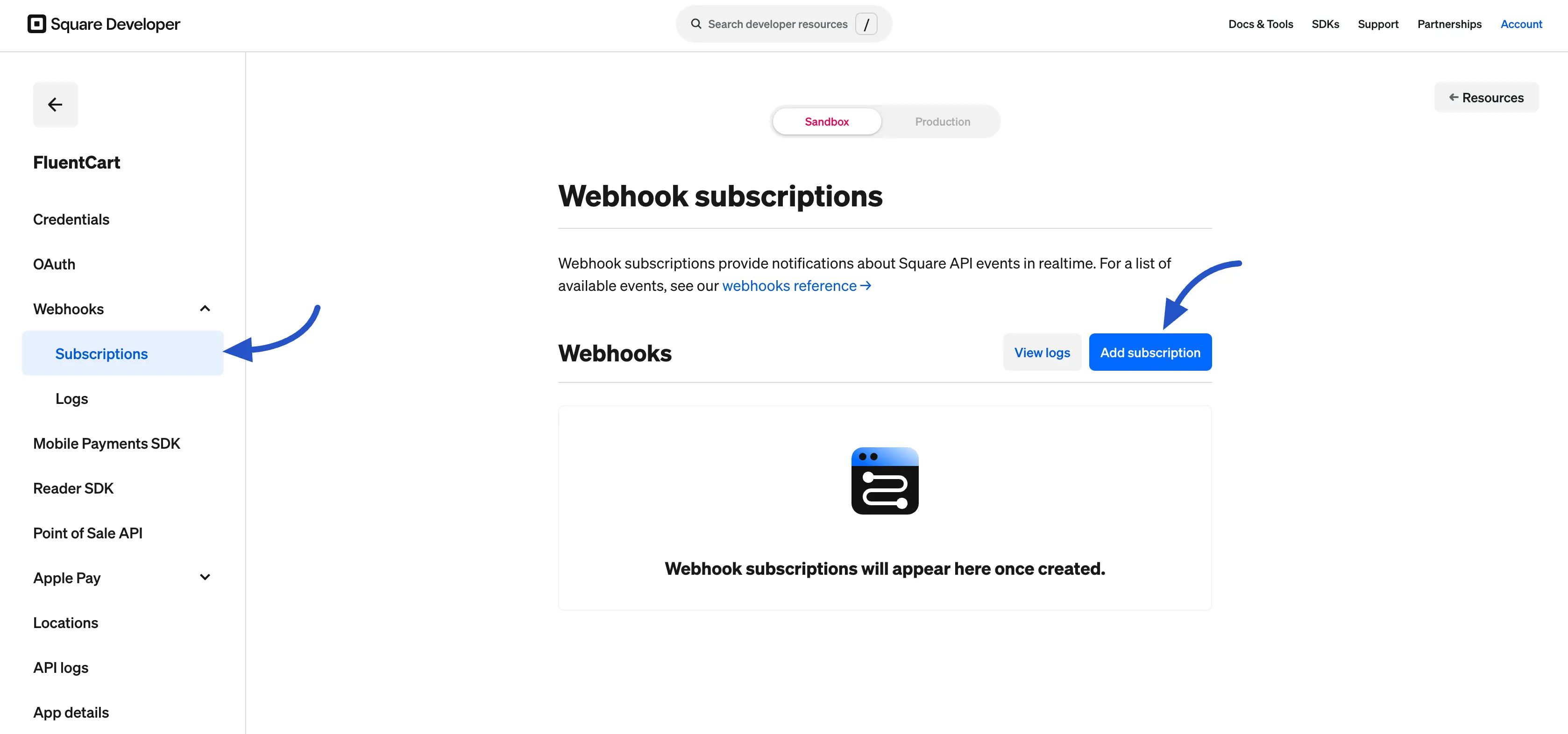 Add a new webhook subscription in Square
