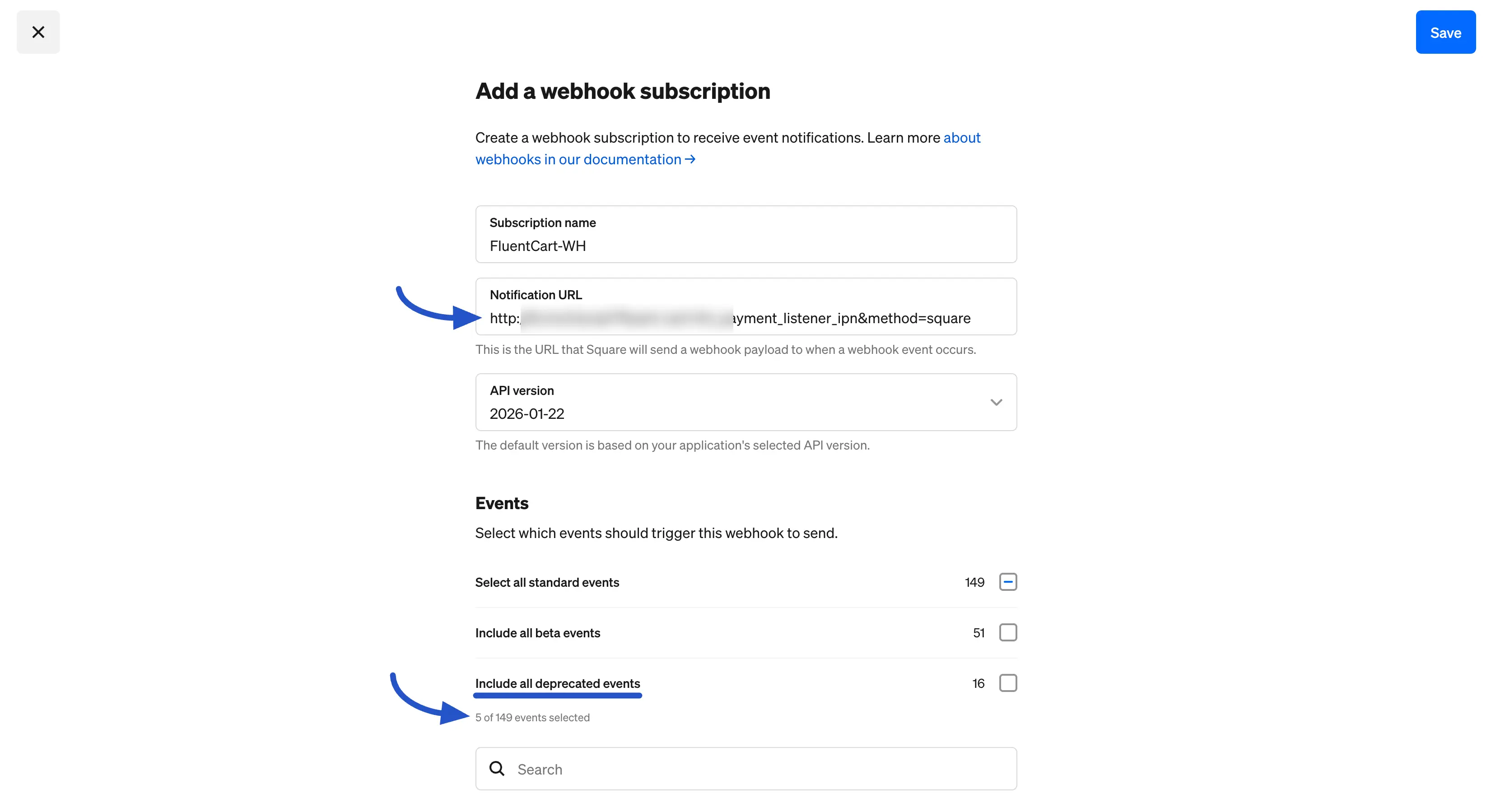 Configure webhook subscription details and events
