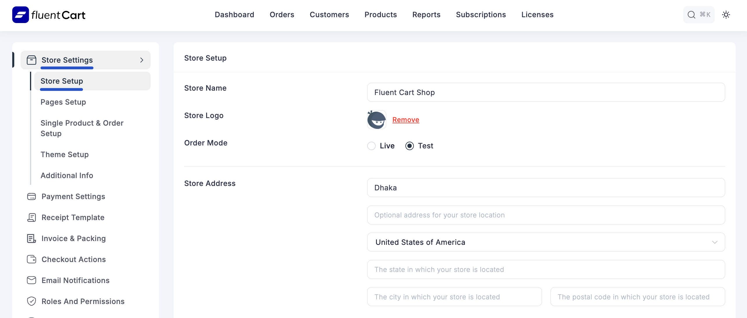 Screenshot of Store Settings - Store Setup Tab