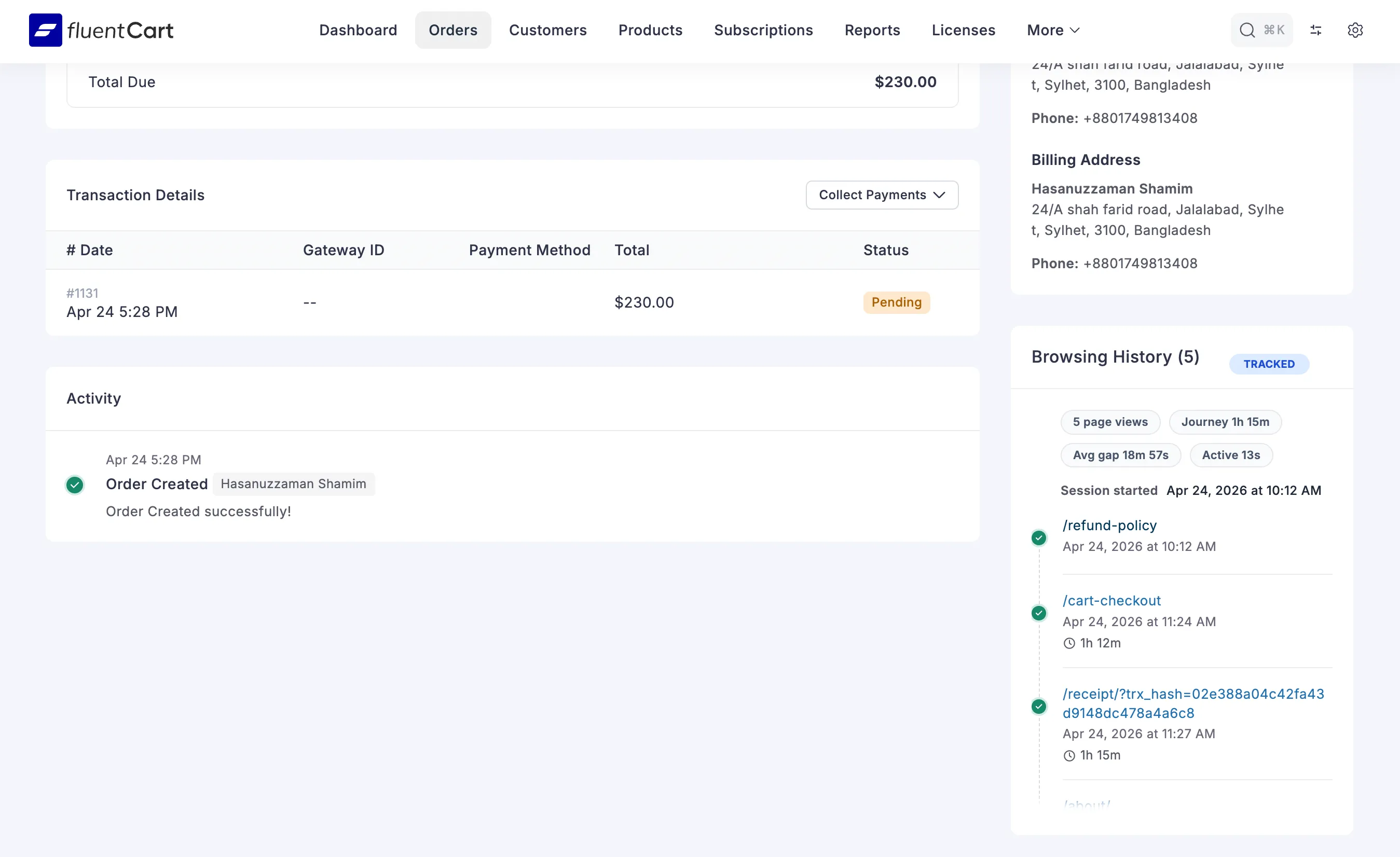 Order detail page showing the Browsing History panel on the right sidebar