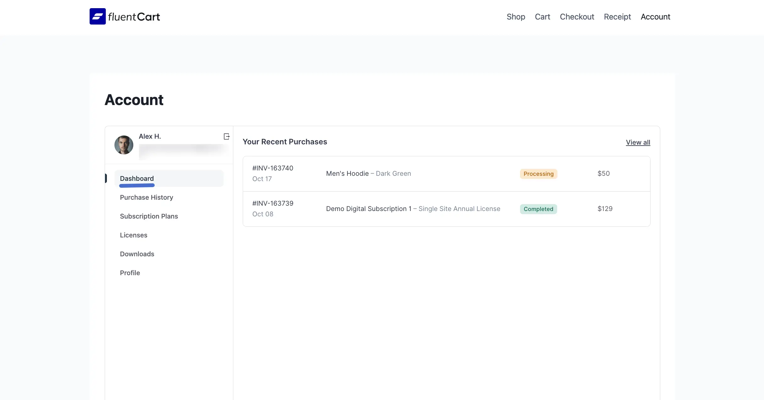 Screenshot of Customer Dashboard Overview