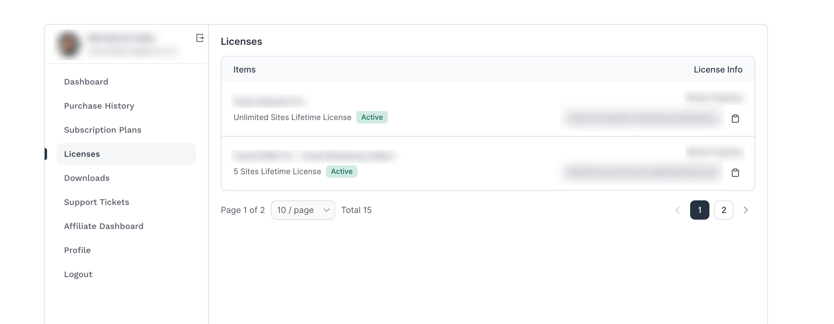 Screenshot of Licenses