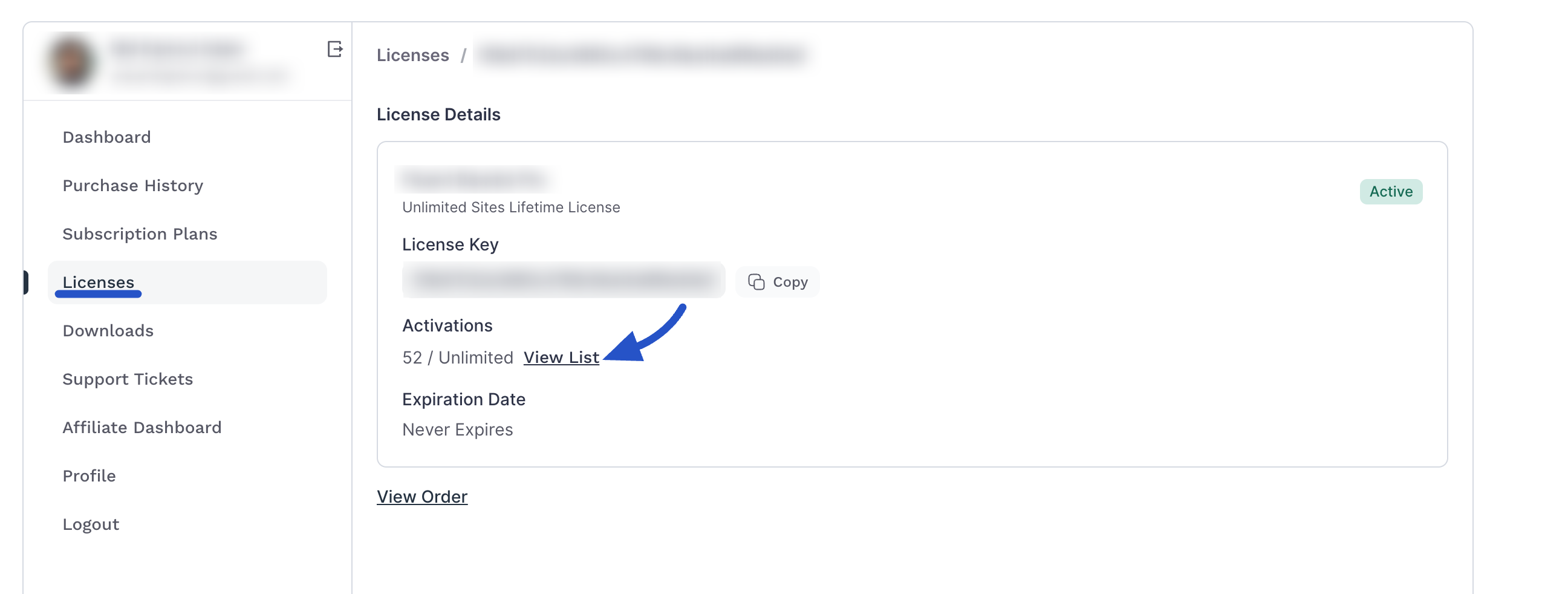 Screenshot of Licenses