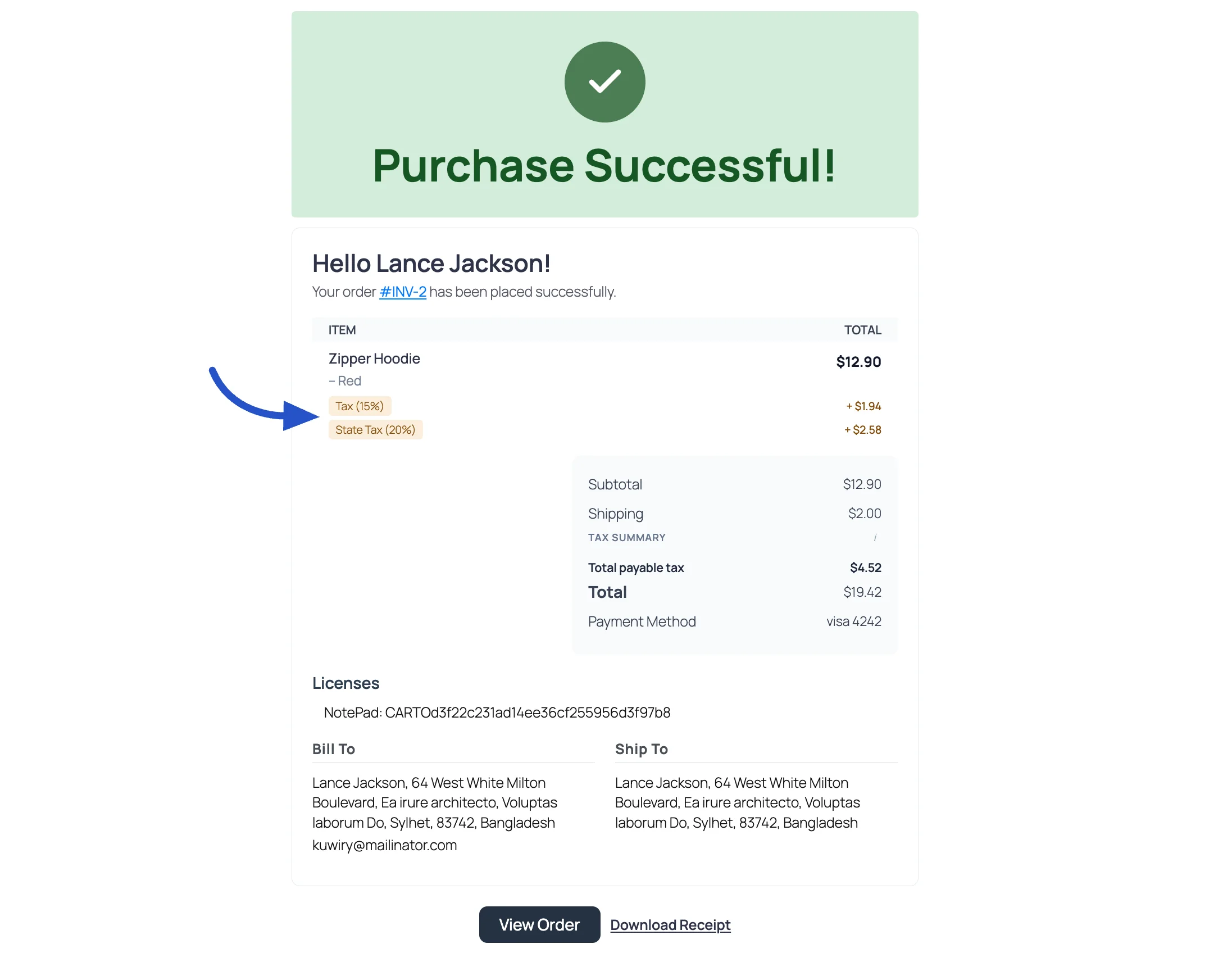 Screenshot of the Purchase Successful page with tax-exclusive pricing, showing per-item tax badges with a plus and the TAX SUMMARY Total payable tax row