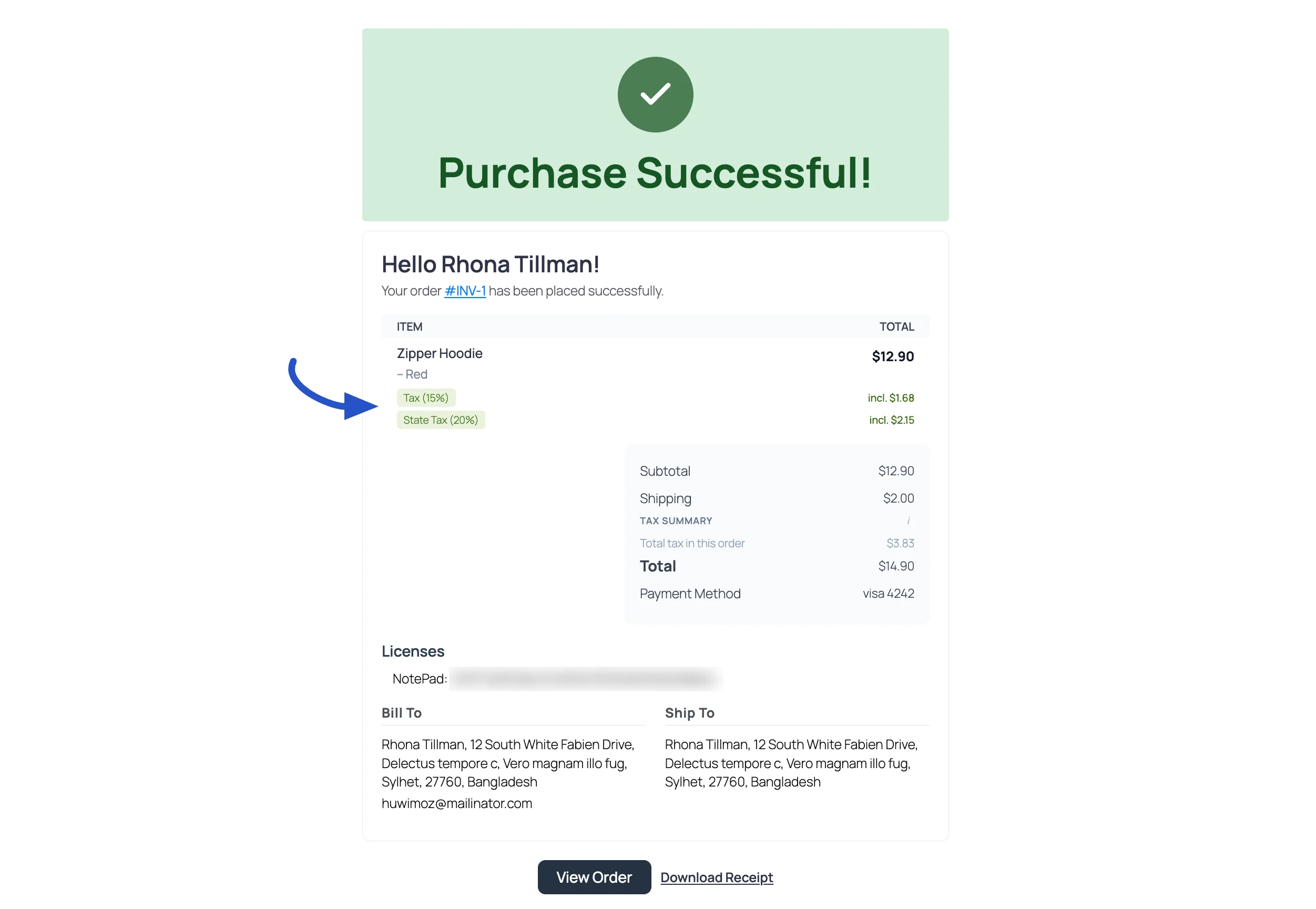 Screenshot of the Purchase Successful page with tax-inclusive pricing, showing per-item tax badges marked incl. and the TAX SUMMARY Total tax in this order row
