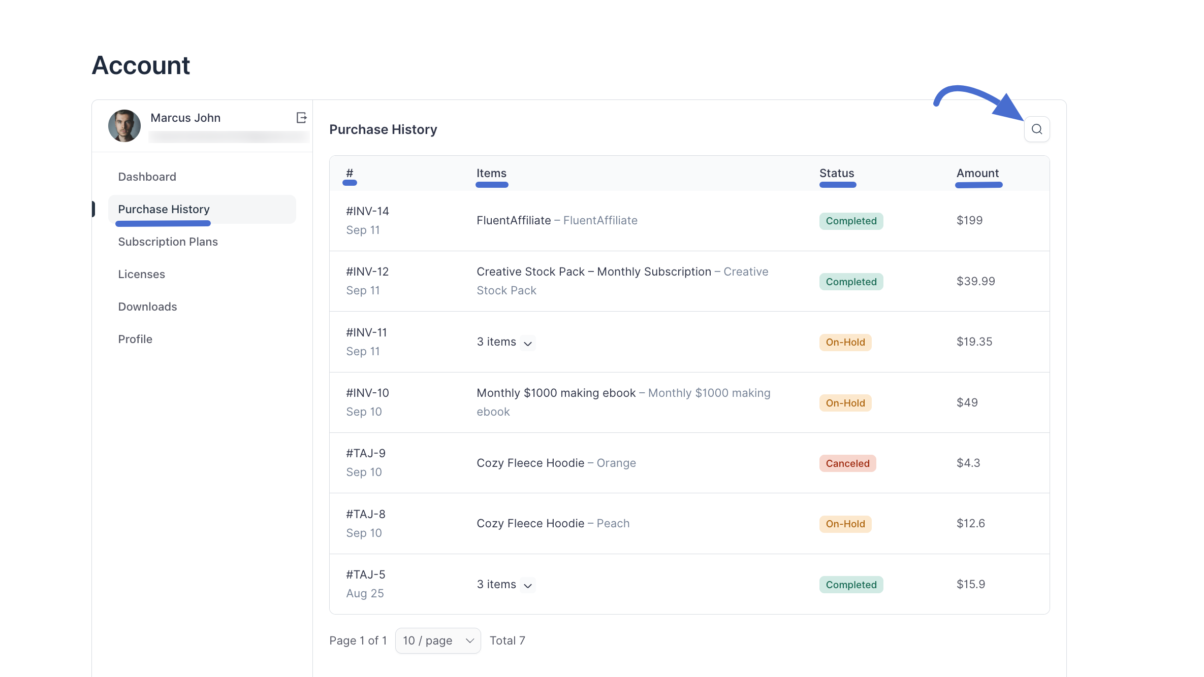 Screenshot of Purchase History