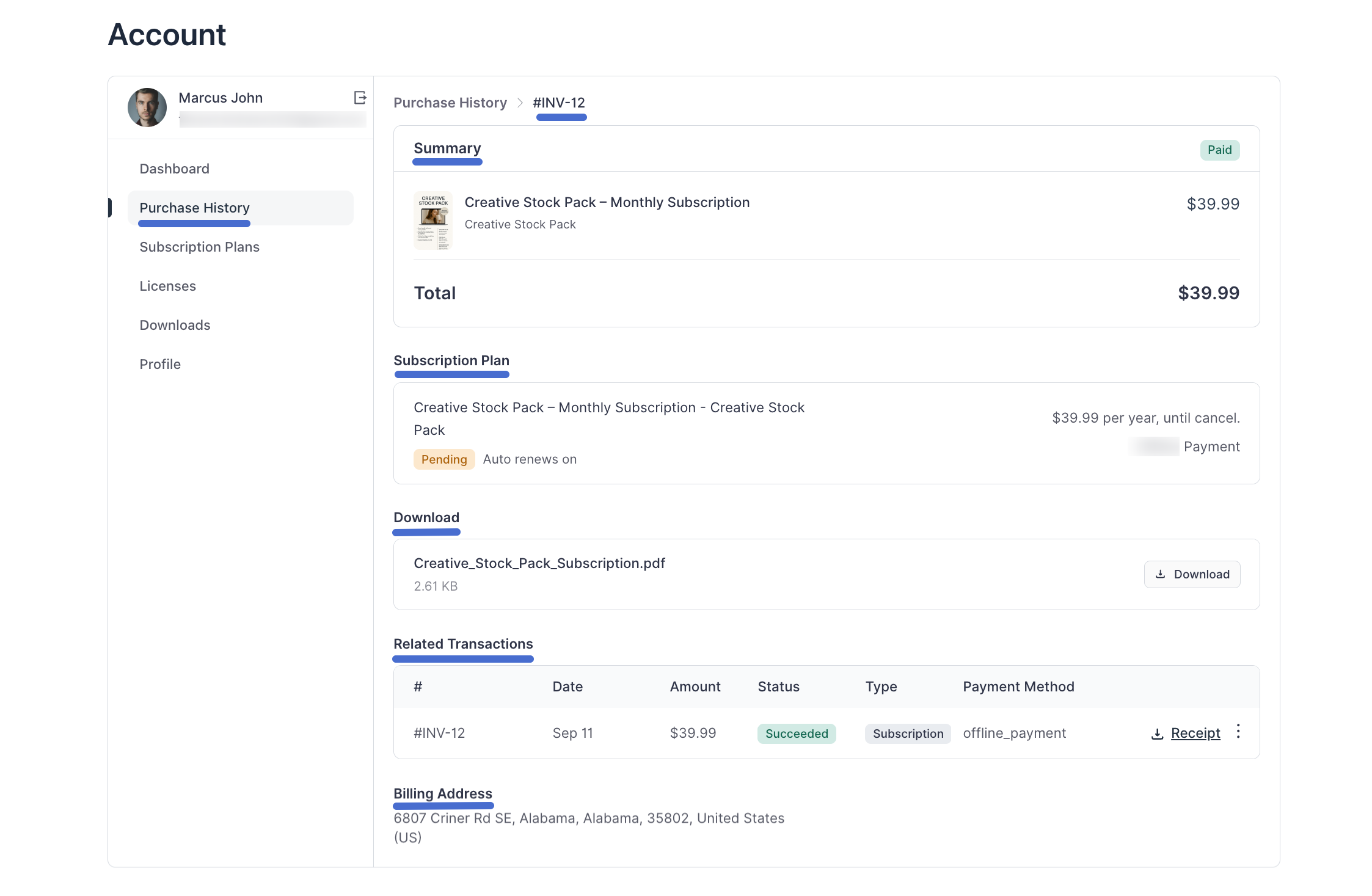 Screenshot of Purchase History