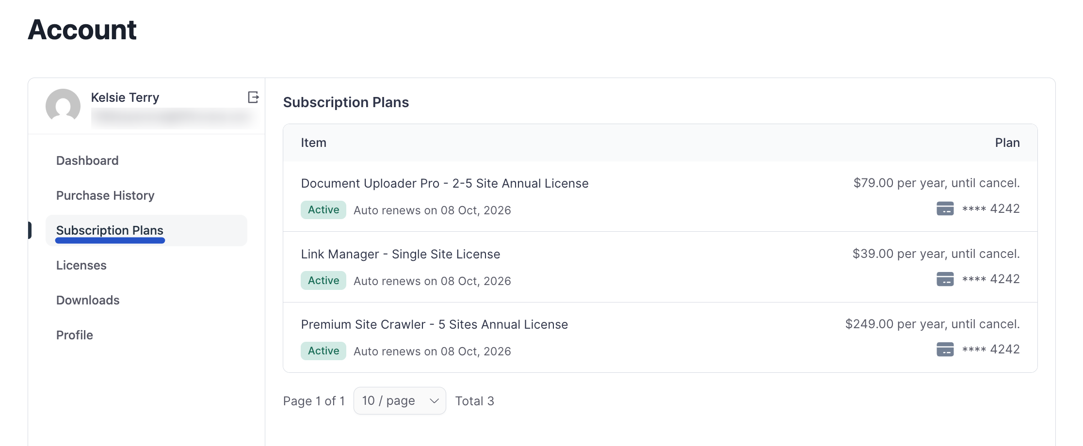 Screenshot of Subscription